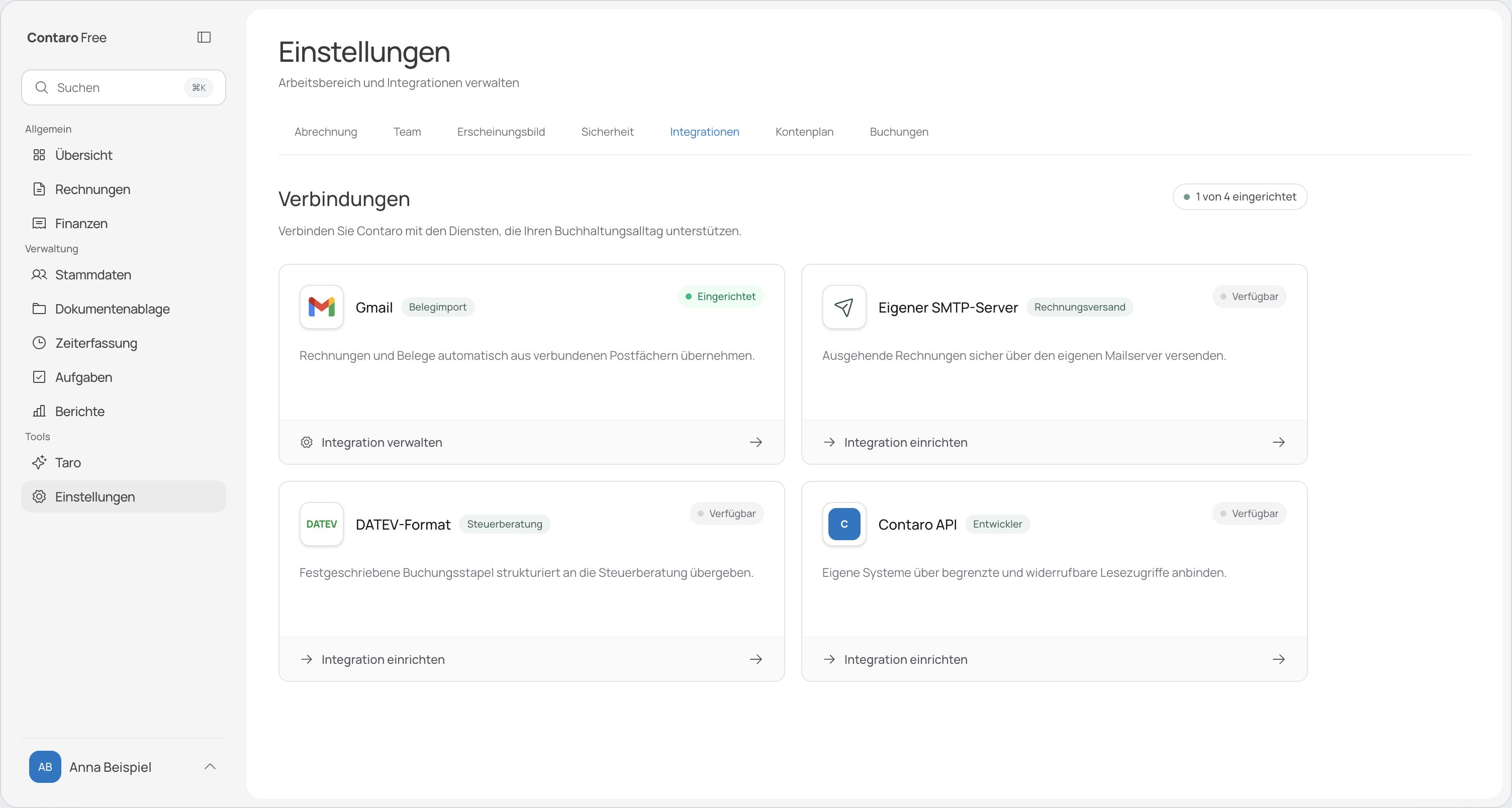 Integrationen und verbundene Dienste in Contaro