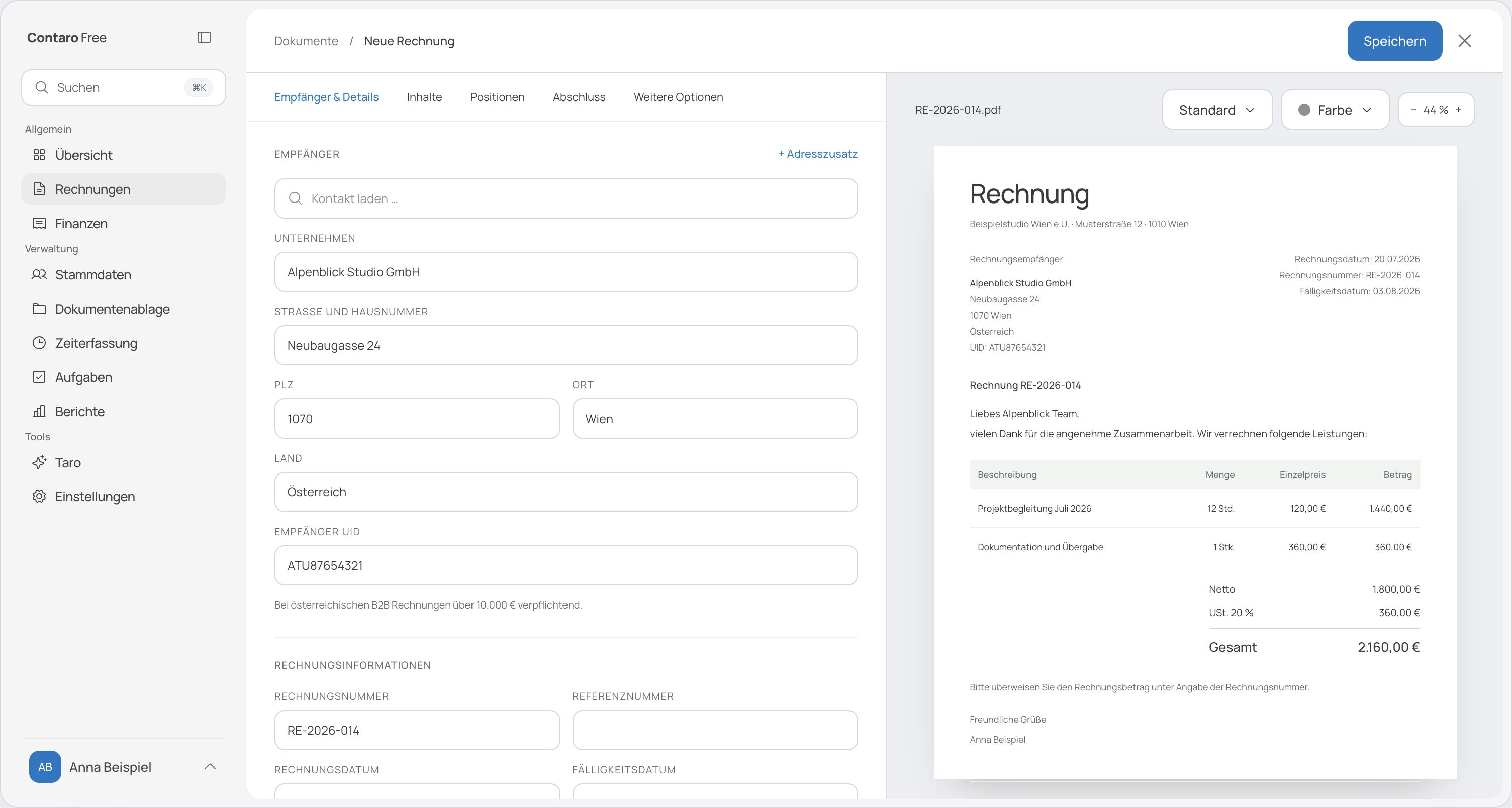 Contaro Rechnungseditor mit Formular und Rechnungsansicht