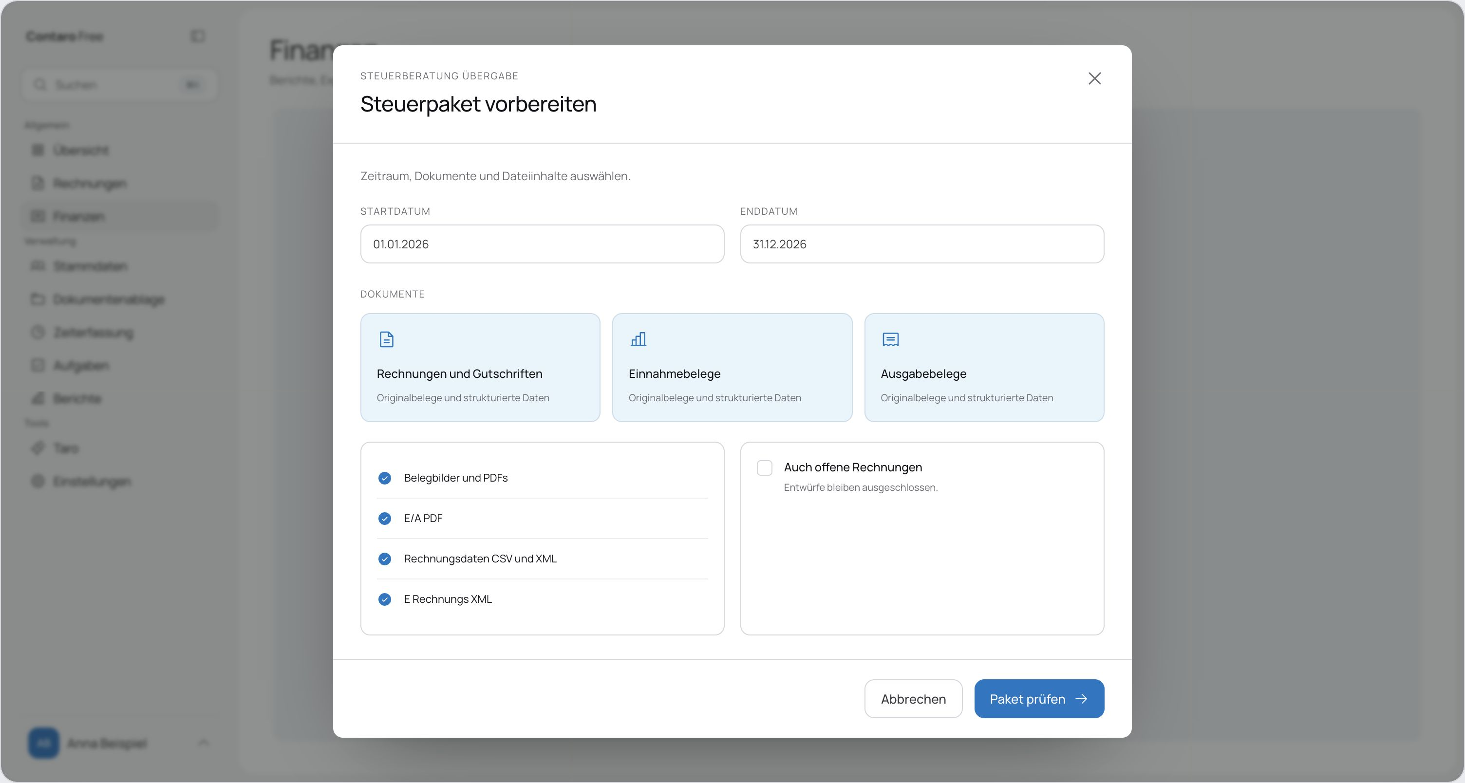 Steuerpaket und Export für die Steuerberatung in Contaro