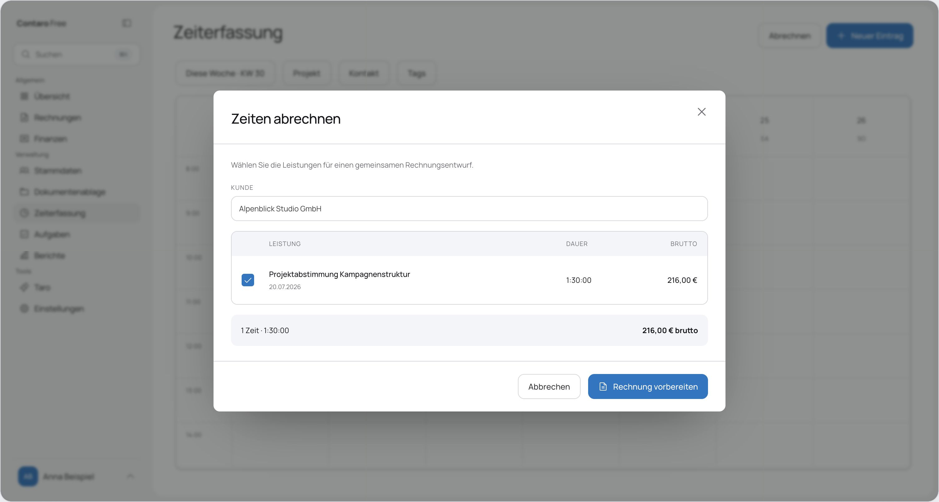 Erfasste Zeiten zur Abrechnung in Contaro
