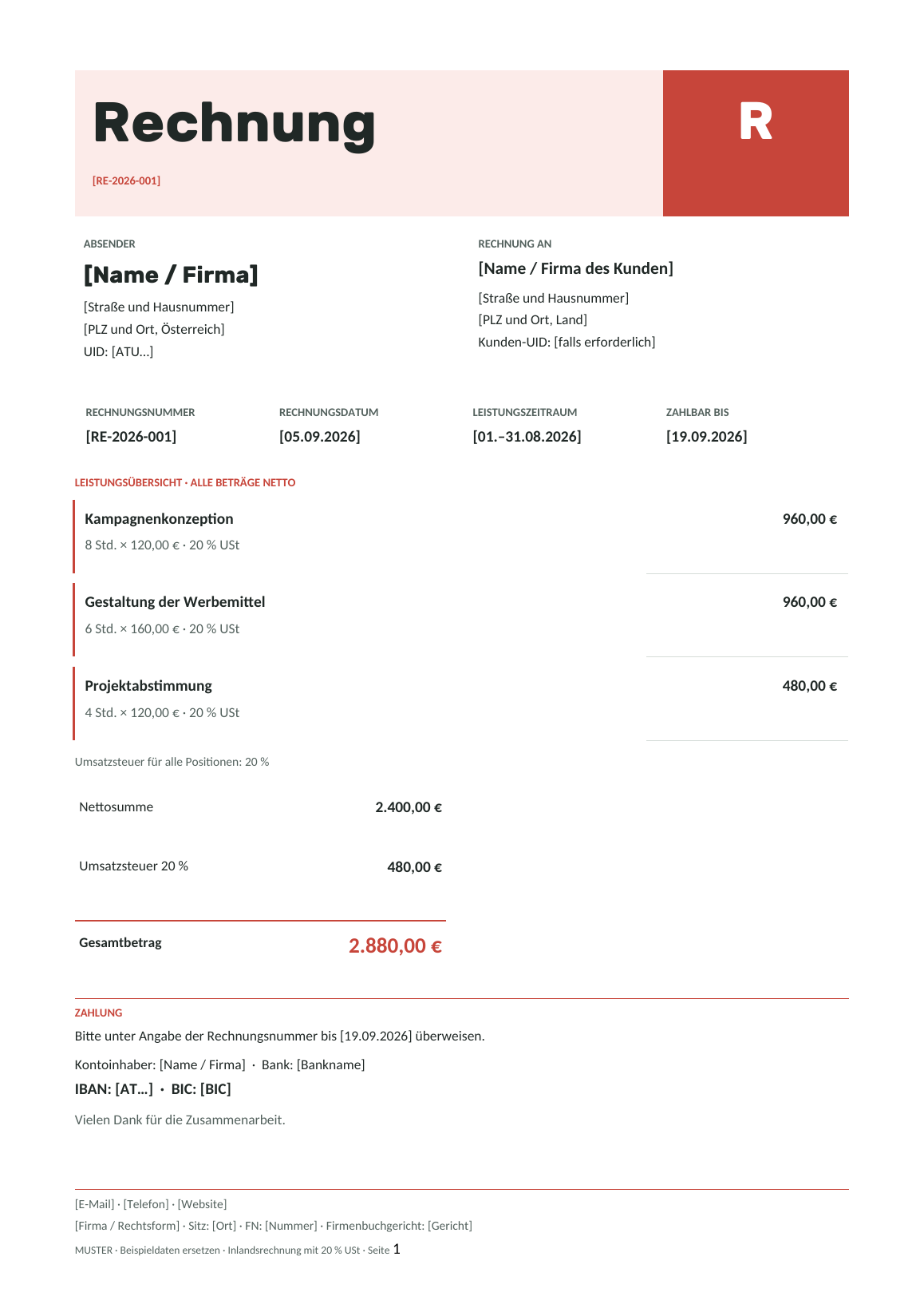 Vorschau der österreichischen Rechnungsvorlage Agentur