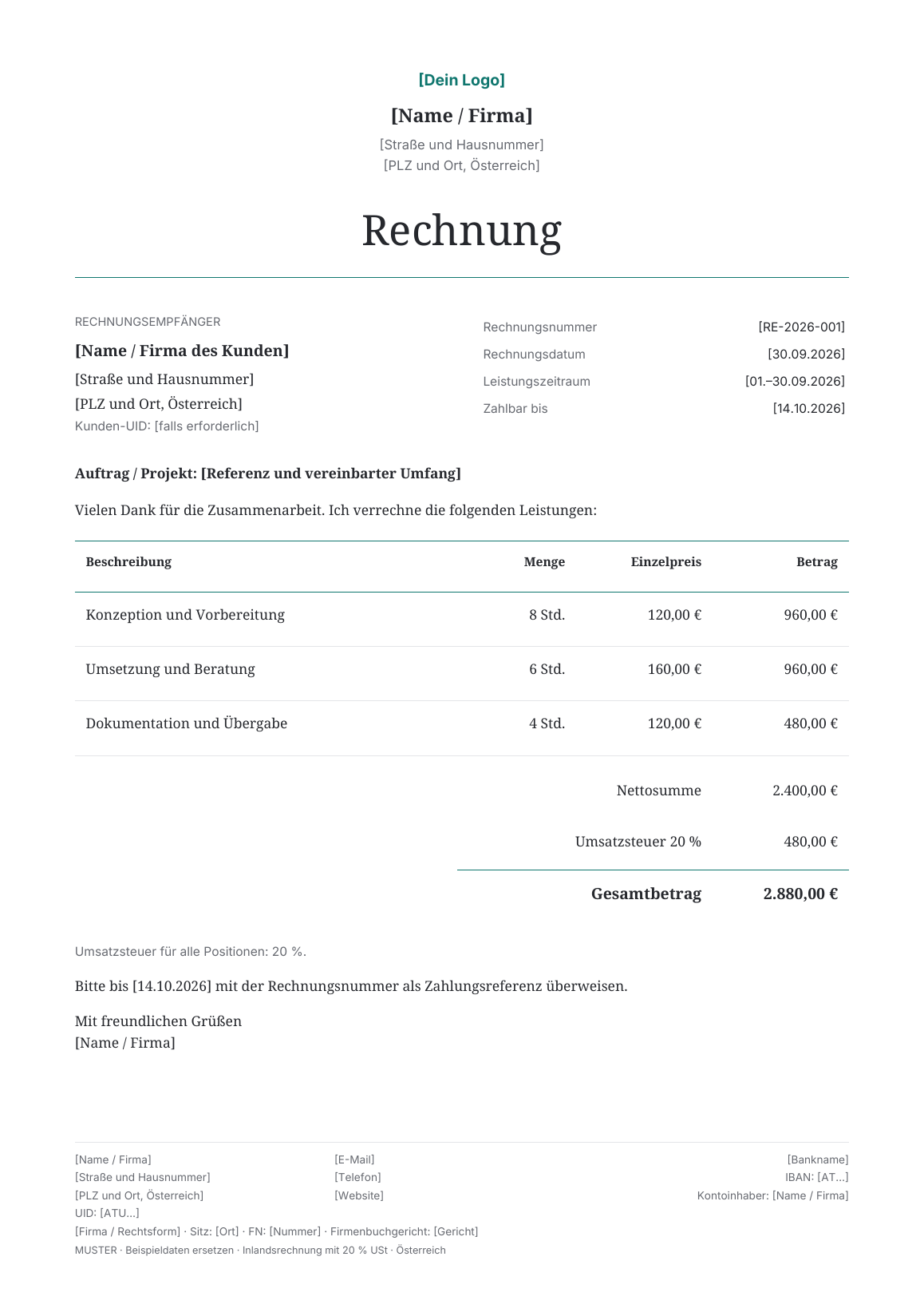 Vorschau der österreichischen Rechnungsvorlage Elegant Serif · Teal
