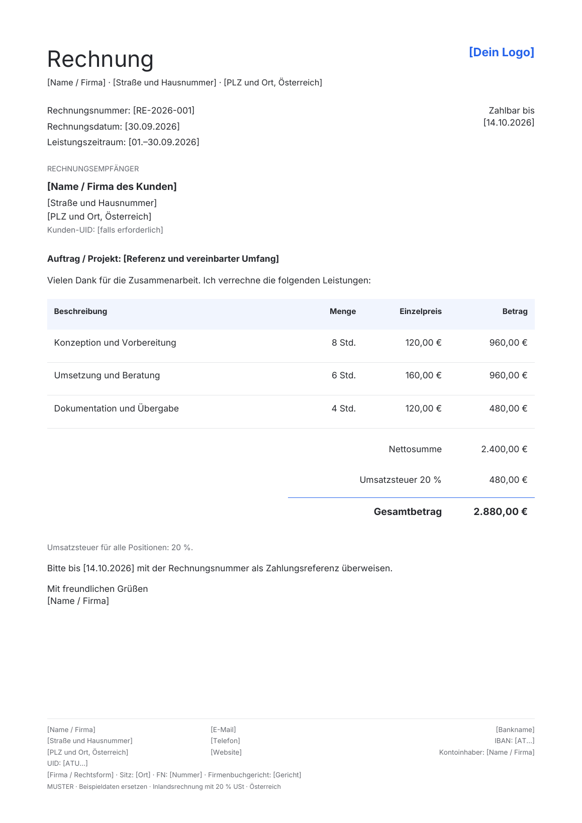 Vorschau der österreichischen Rechnungsvorlage Minimalist Beige · Blue