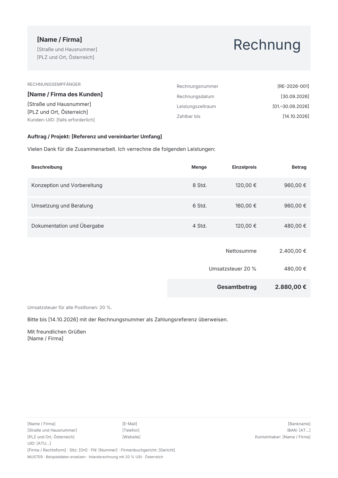 Vorschau der österreichischen Rechnungsvorlage Folio · Slate