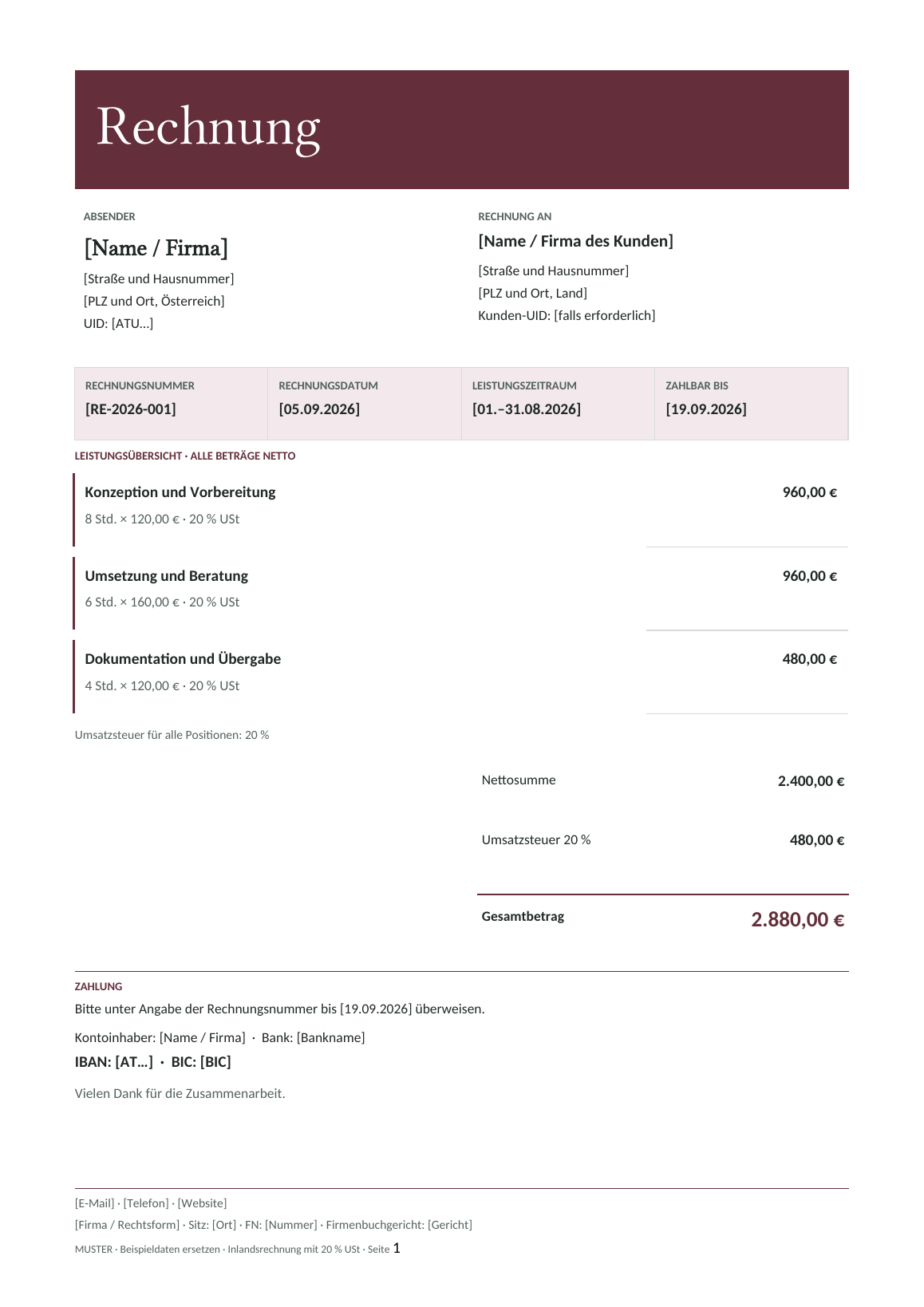 Vorschau der österreichischen Rechnungsvorlage Burgundy