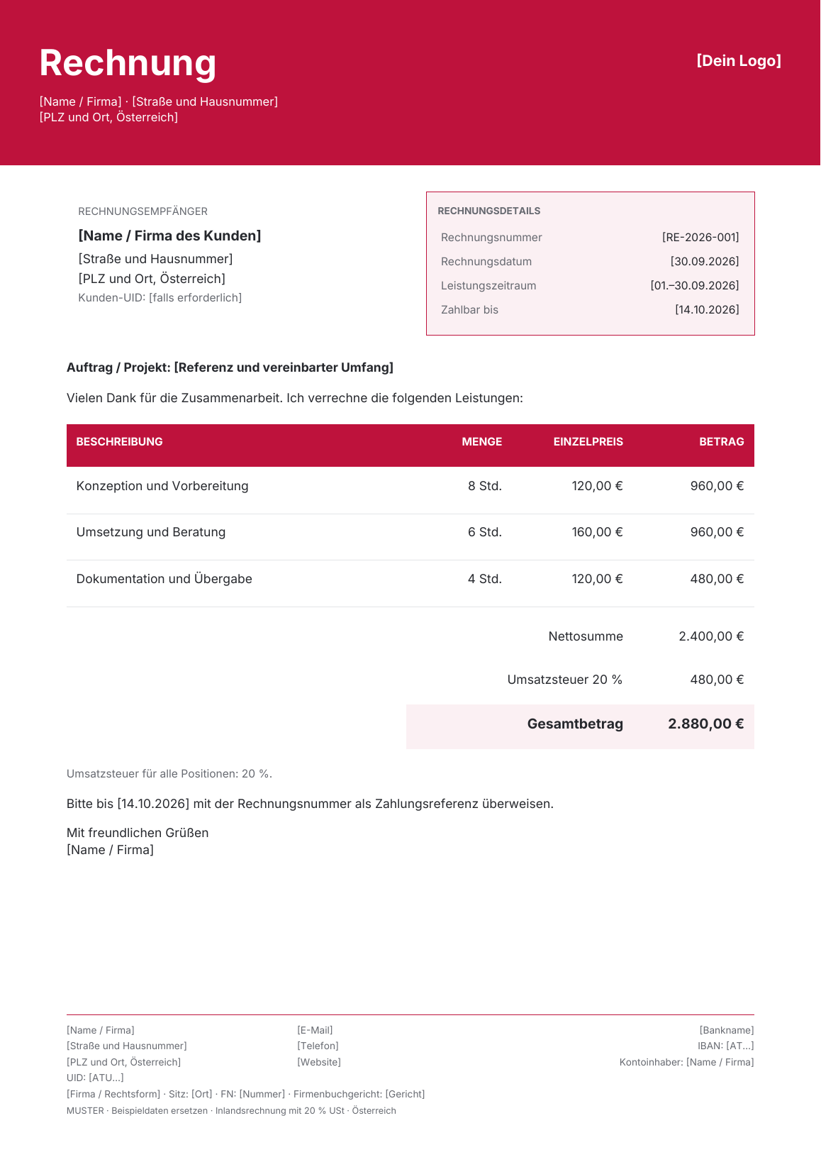 Vorschau der österreichischen Rechnungsvorlage Modern Clean · Rose