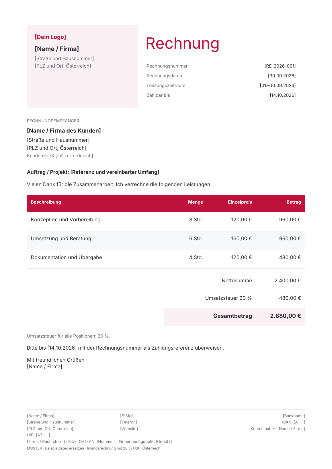 Vorschau der österreichischen Rechnungsvorlage Signature · Rose