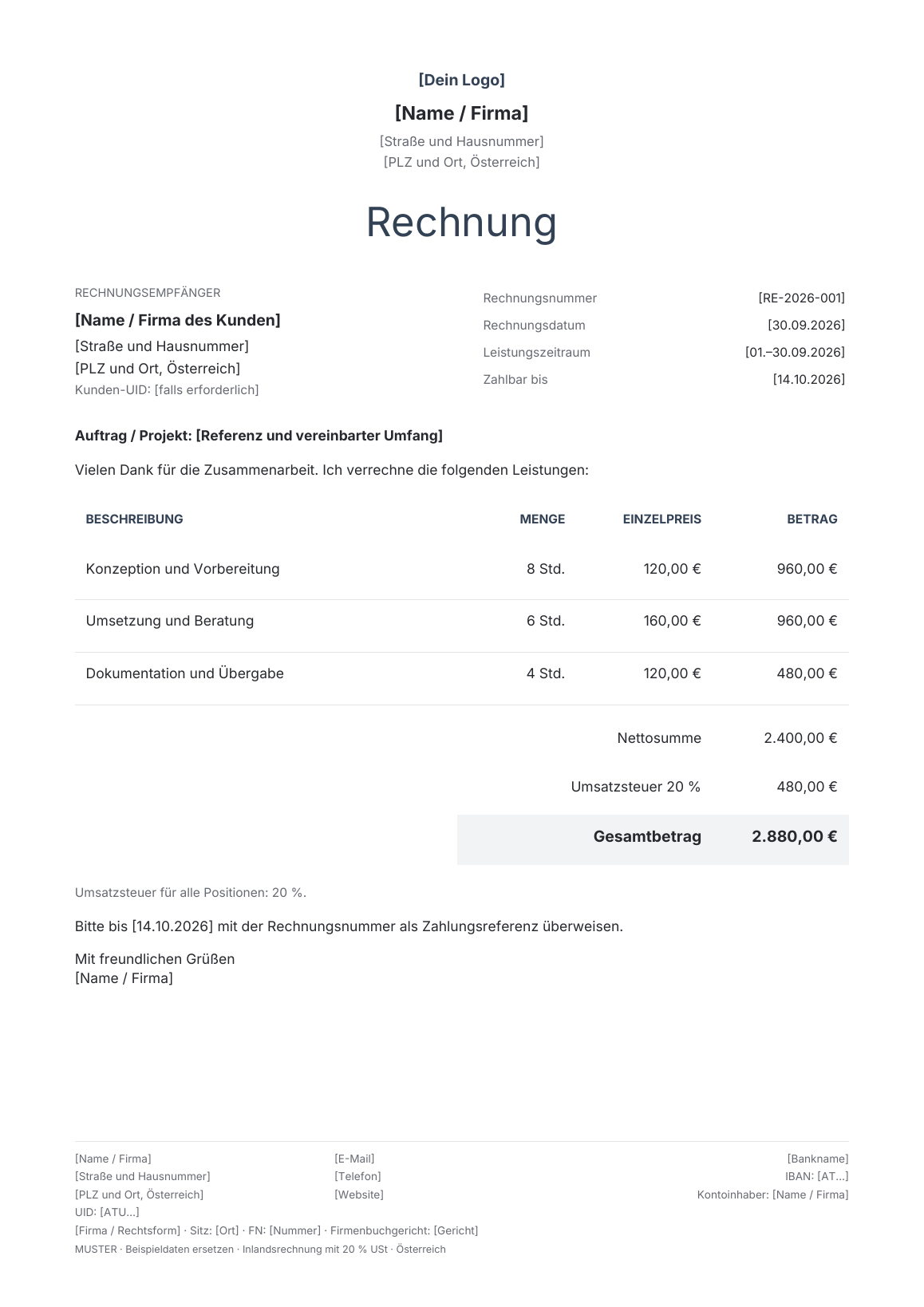 Vorschau der österreichischen Rechnungsvorlage Atelier · Slate