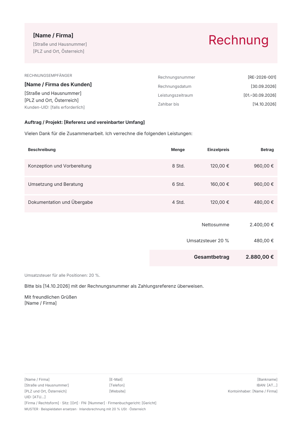 Vorschau der österreichischen Rechnungsvorlage Folio · Rose