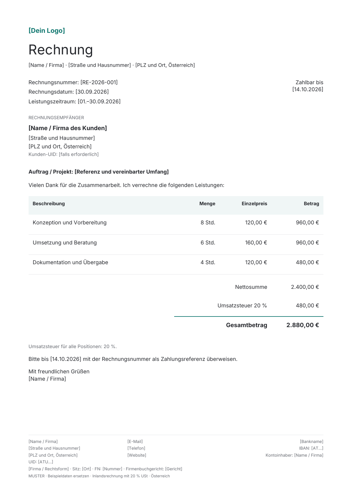 Vorschau der österreichischen Rechnungsvorlage Standard · Teal
