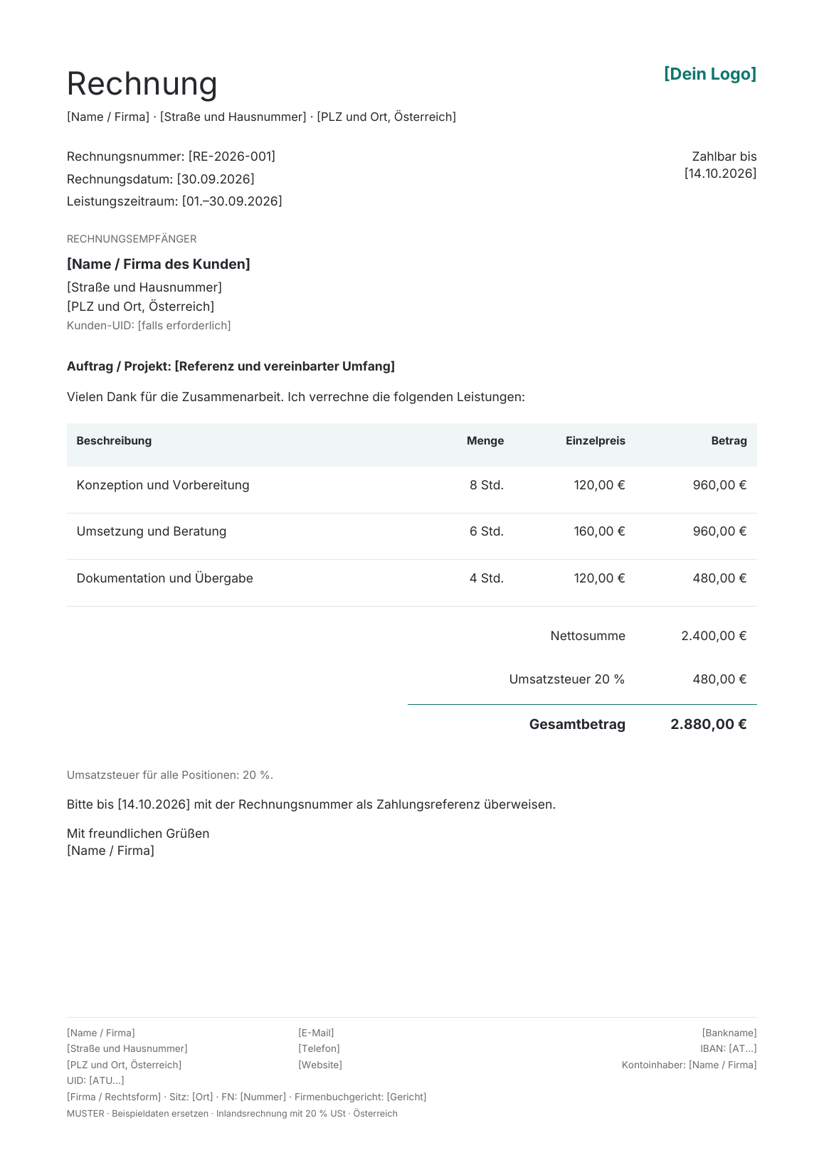 Vorschau der österreichischen Rechnungsvorlage Minimalist Beige · Teal