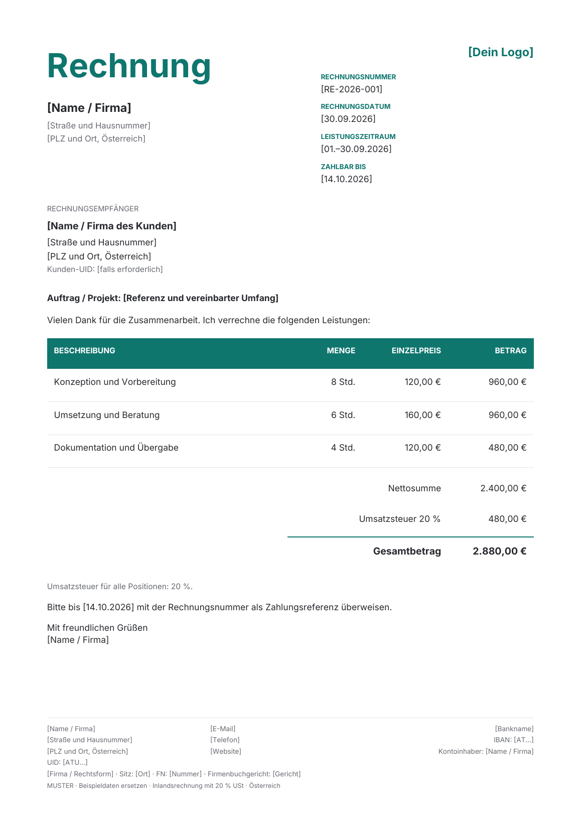 Vorschau der österreichischen Rechnungsvorlage Orange Bold · Teal