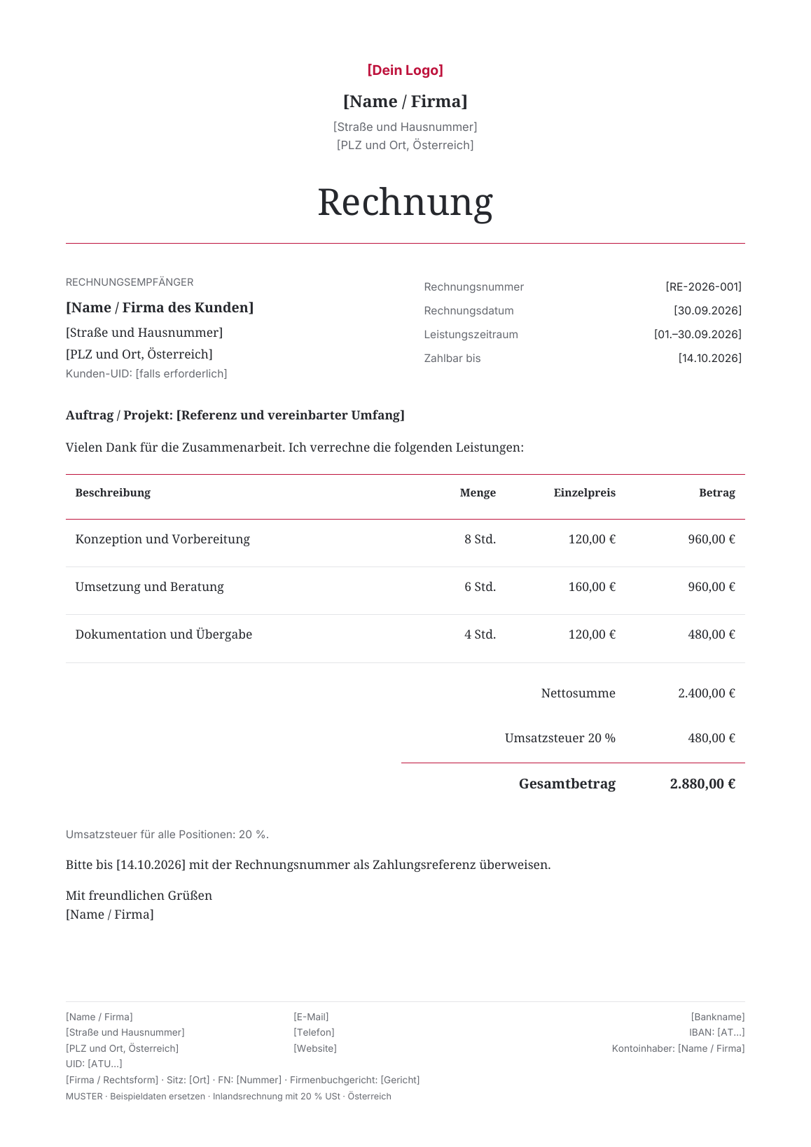 Vorschau der österreichischen Rechnungsvorlage Elegant Serif · Rose