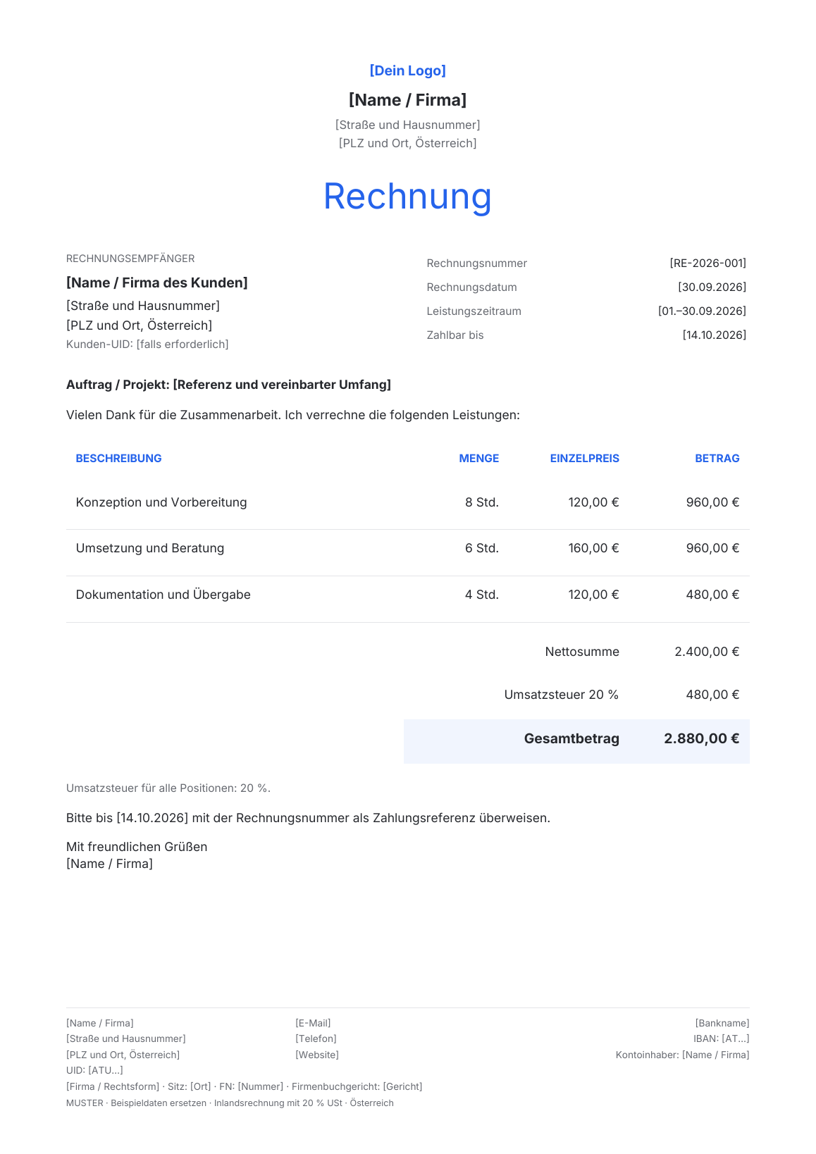 Vorschau der österreichischen Rechnungsvorlage Atelier · Blue