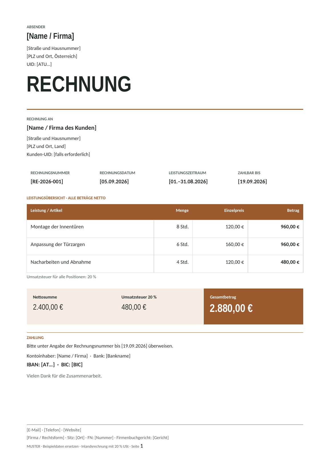 Vorschau der österreichischen Rechnungsvorlage Handwerk