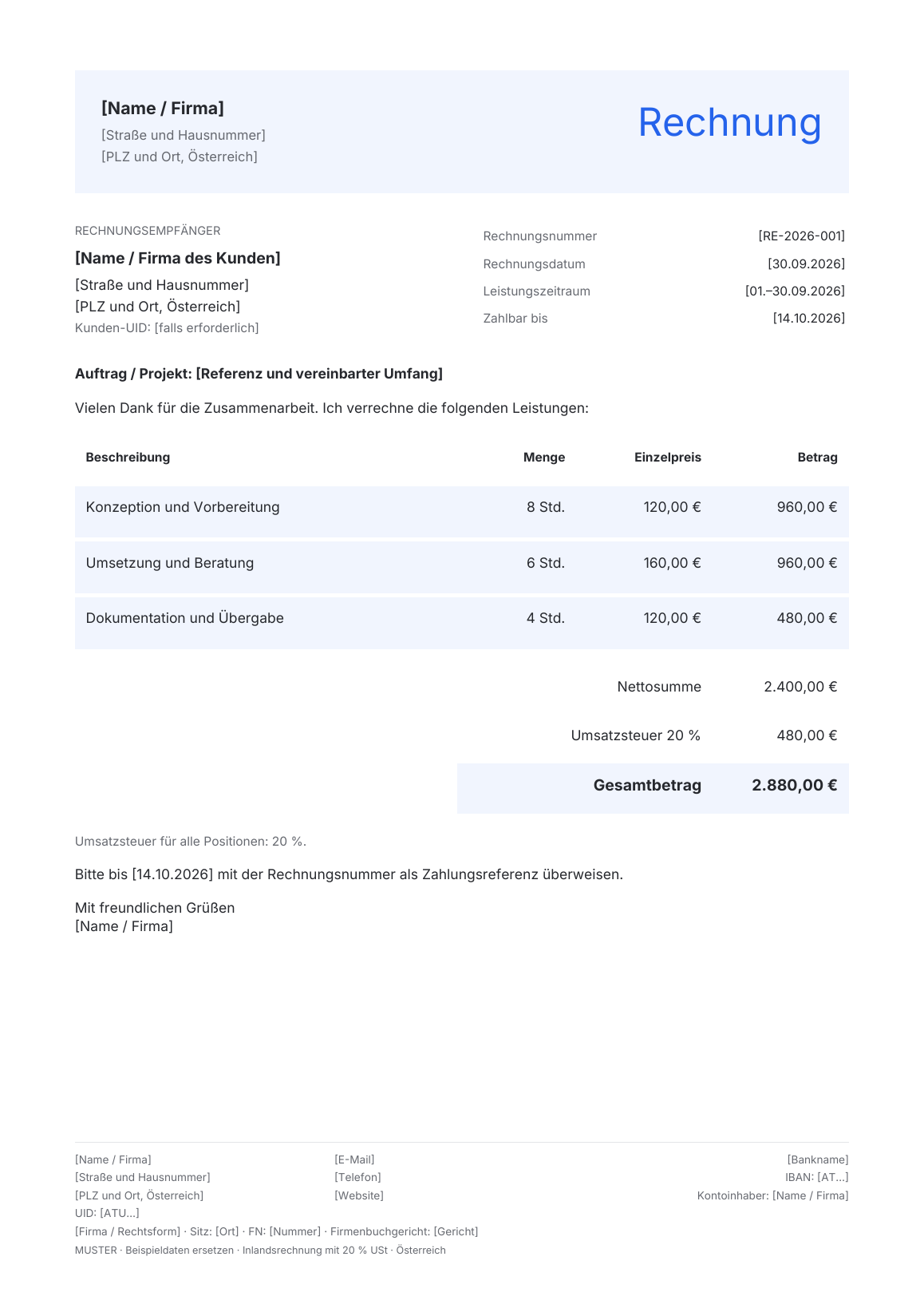 Vorschau der österreichischen Rechnungsvorlage Folio · Blue