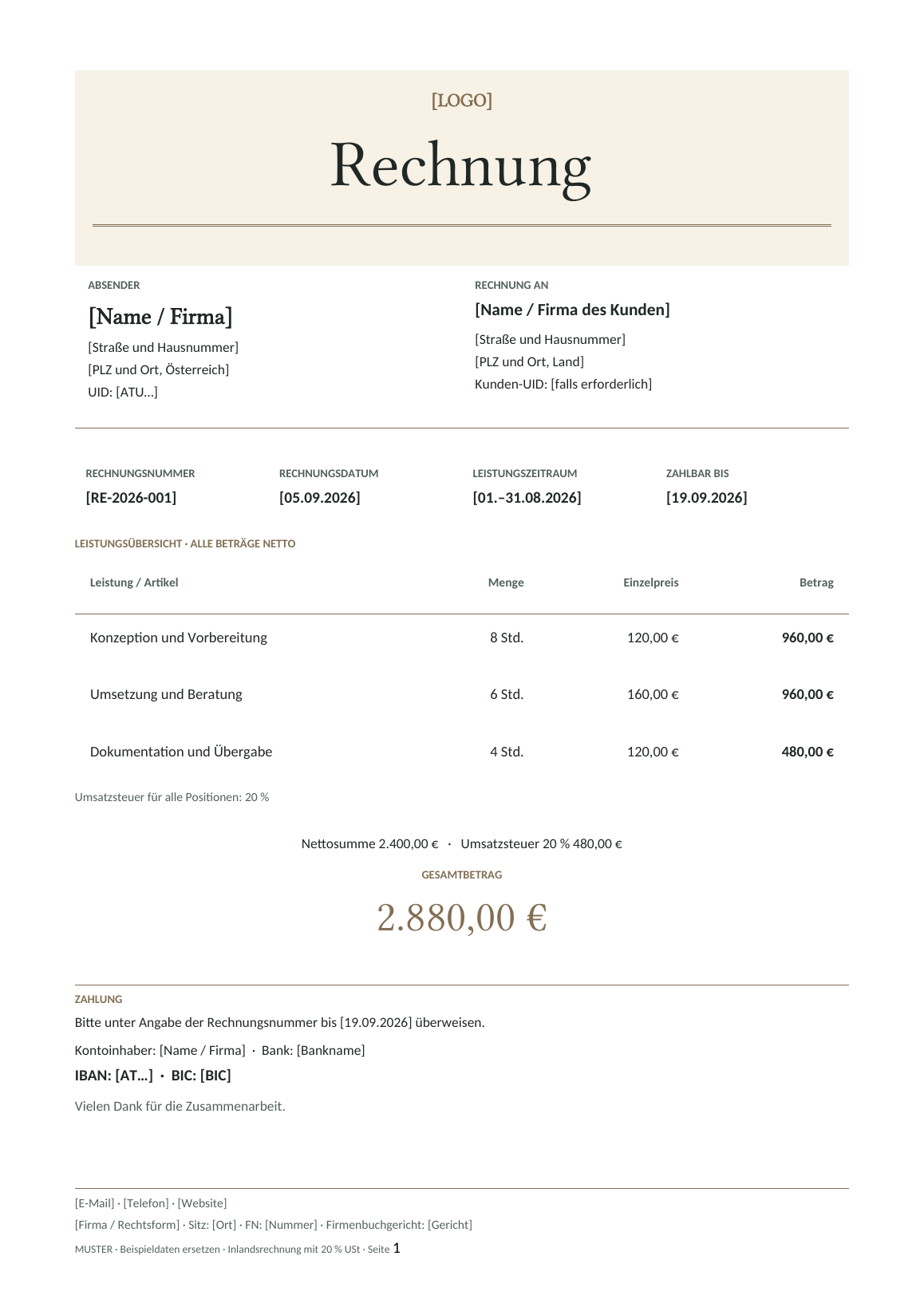 Vorschau der österreichischen Rechnungsvorlage Ivory Serif
