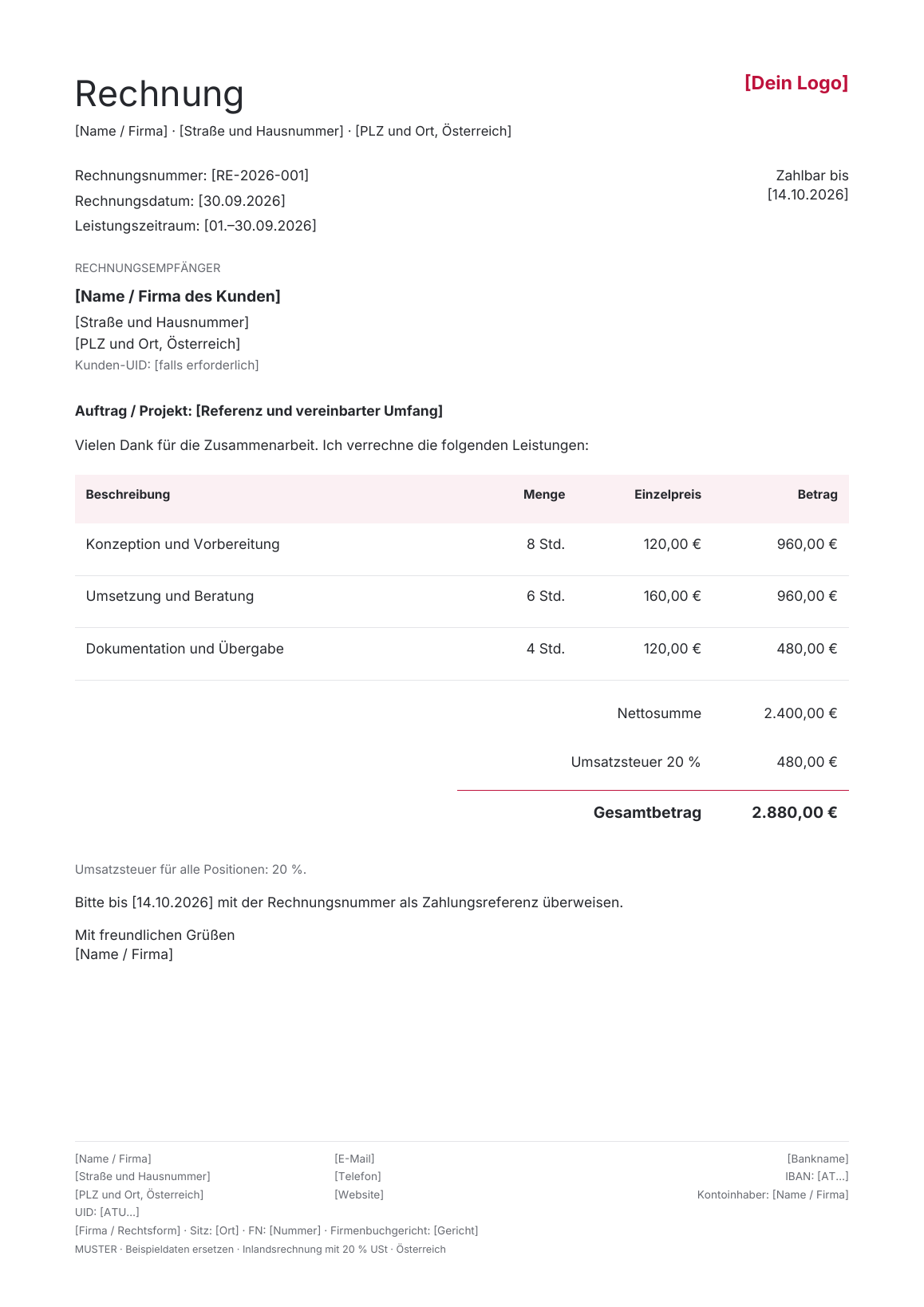 Vorschau der österreichischen Rechnungsvorlage Minimalist Beige · Rose