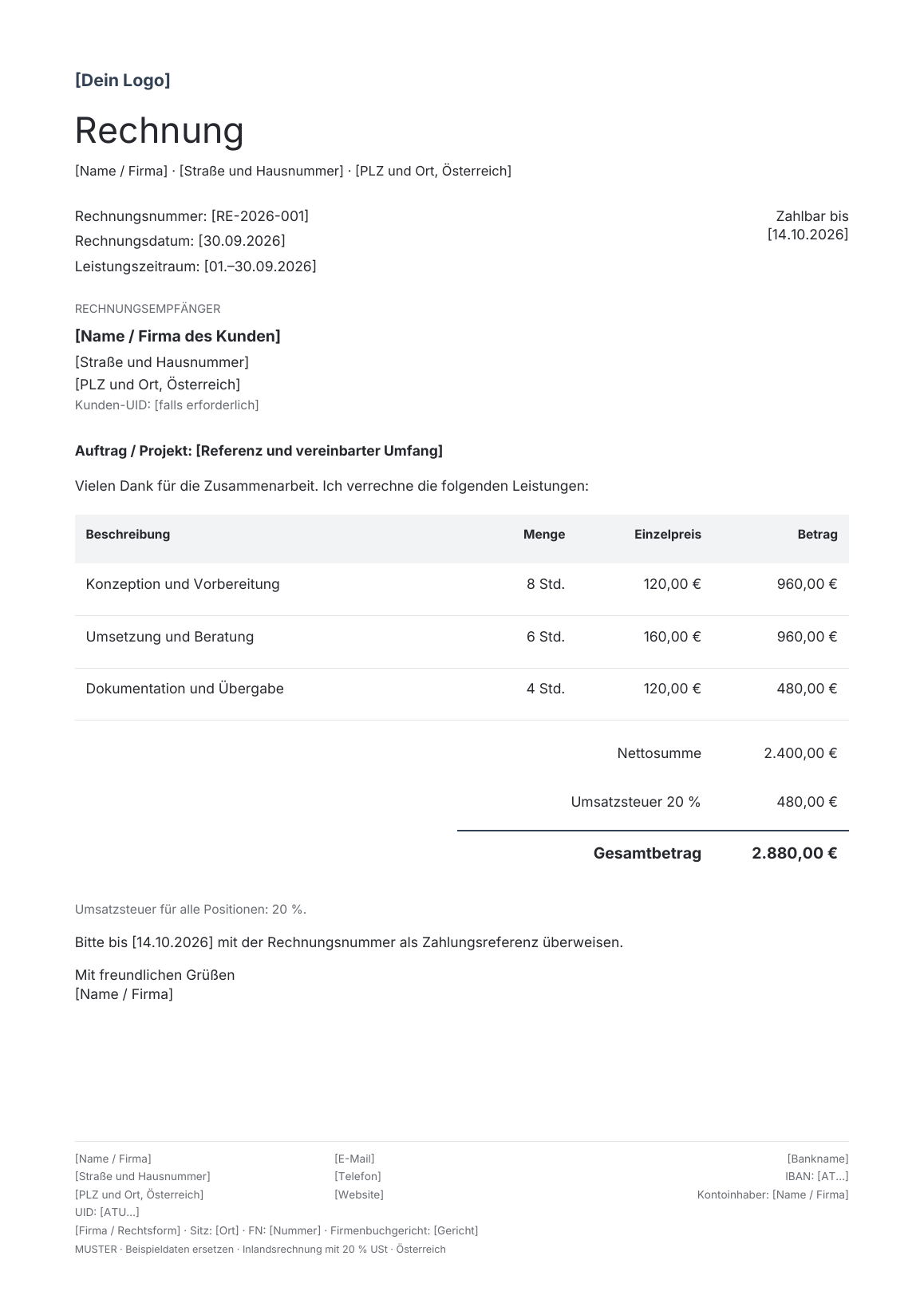 Vorschau der österreichischen Rechnungsvorlage Standard · Slate