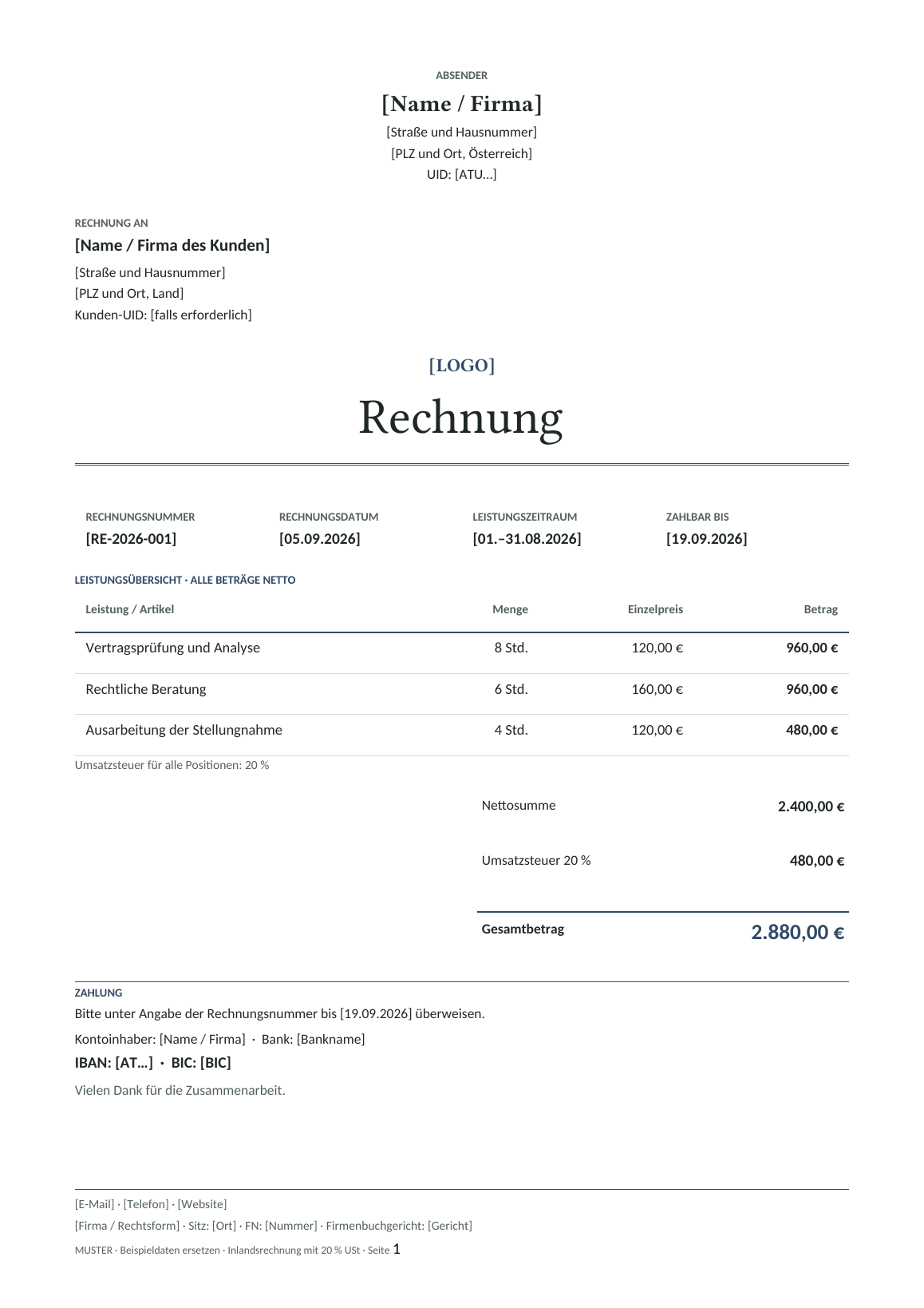 Vorschau der österreichischen Rechnungsvorlage Kanzlei