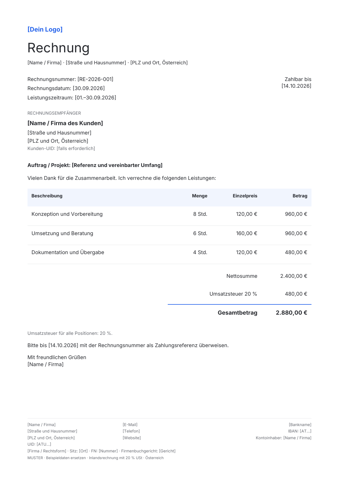 Vorschau der österreichischen Rechnungsvorlage Standard · Blue