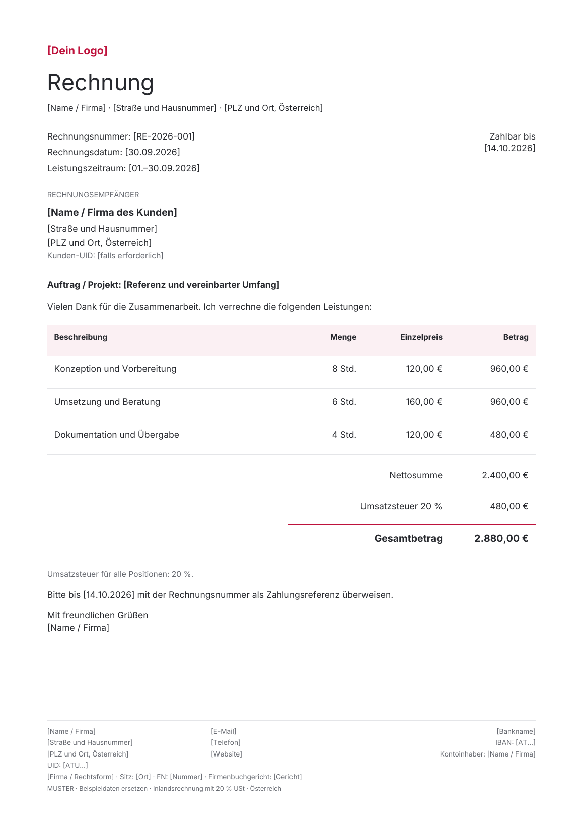 Vorschau der österreichischen Rechnungsvorlage Standard · Rose
