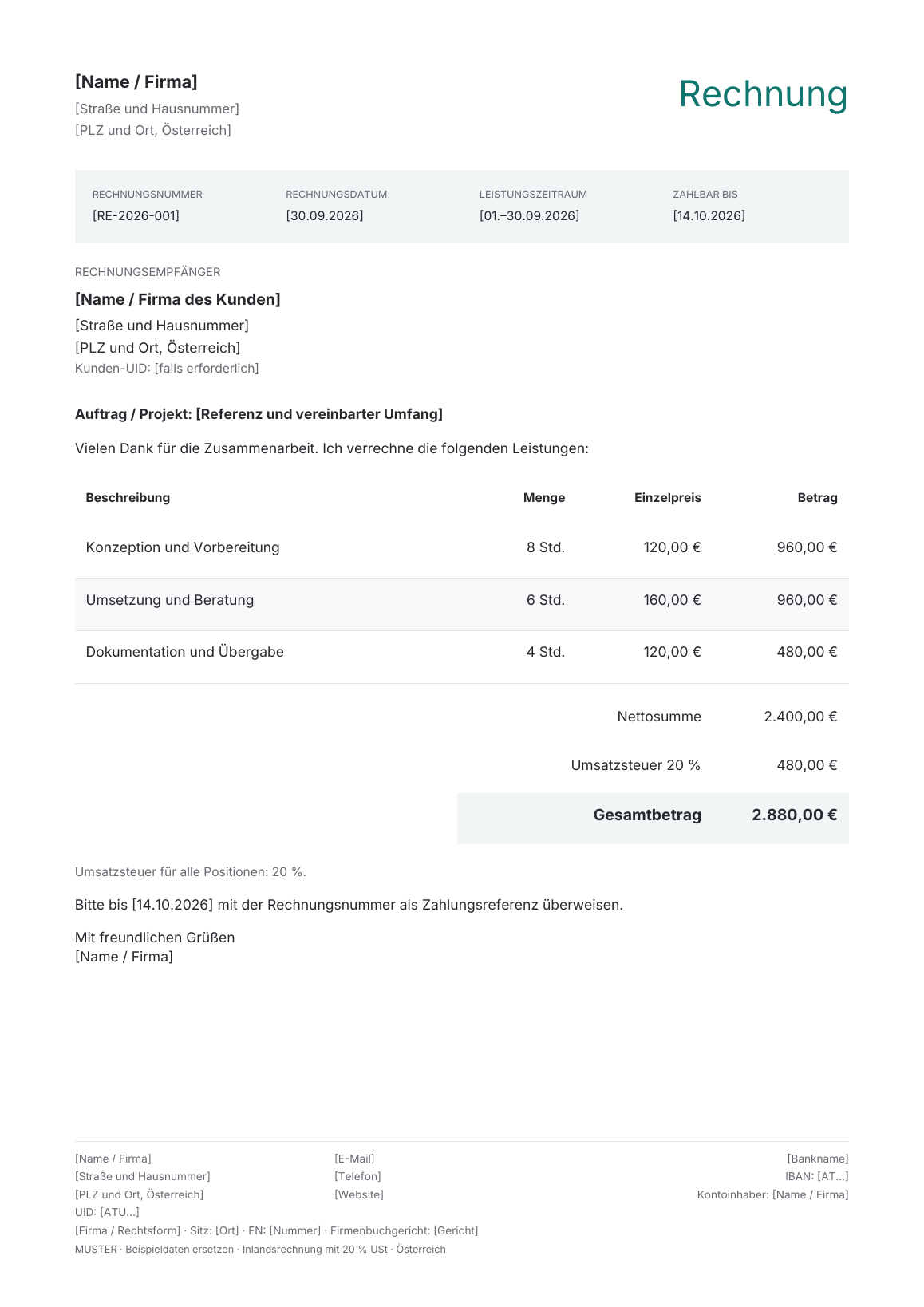 Vorschau der österreichischen Rechnungsvorlage Ledger · Teal