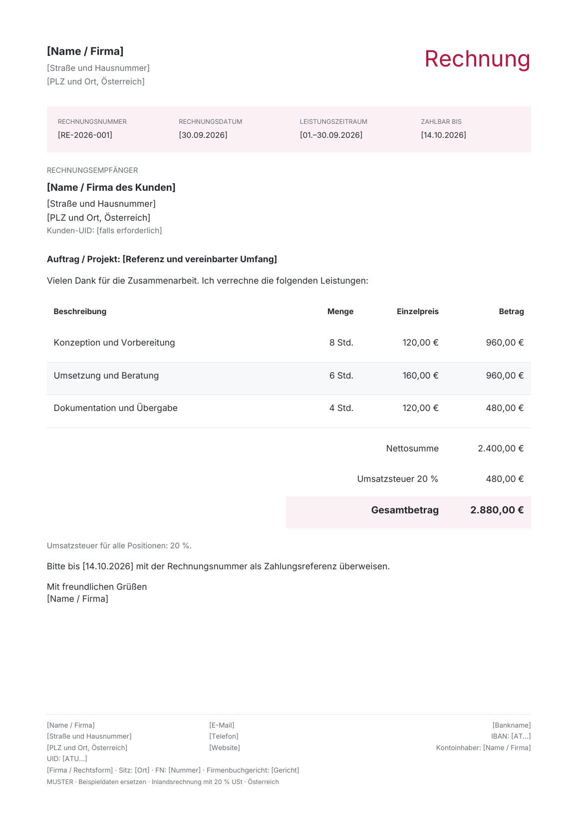 Vorschau der österreichischen Rechnungsvorlage Ledger · Rose