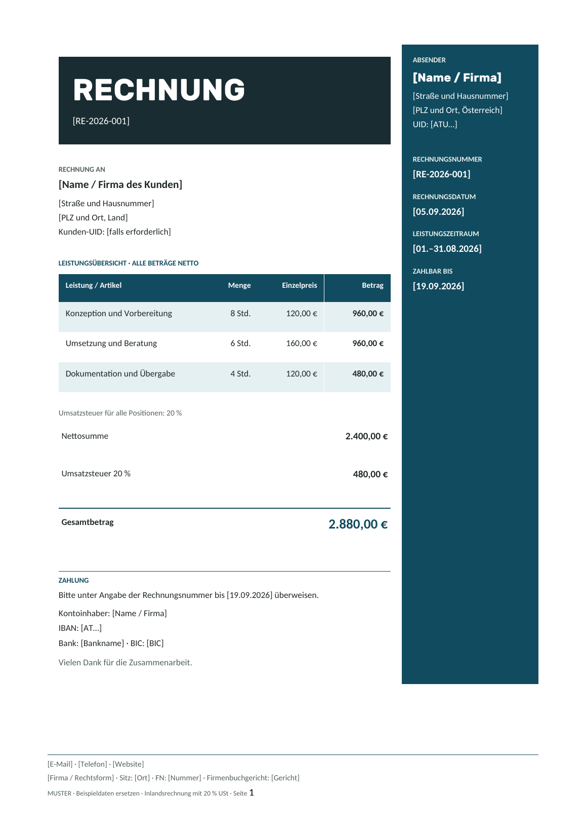 Vorschau der österreichischen Rechnungsvorlage Night Teal