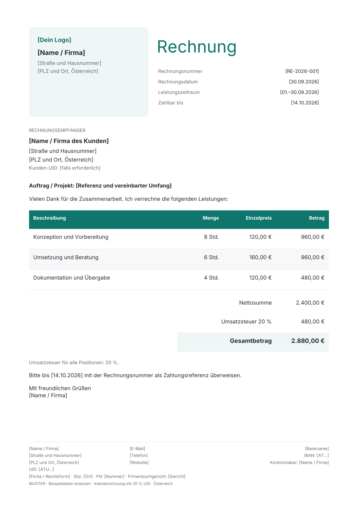 Vorschau der österreichischen Rechnungsvorlage Signature · Teal