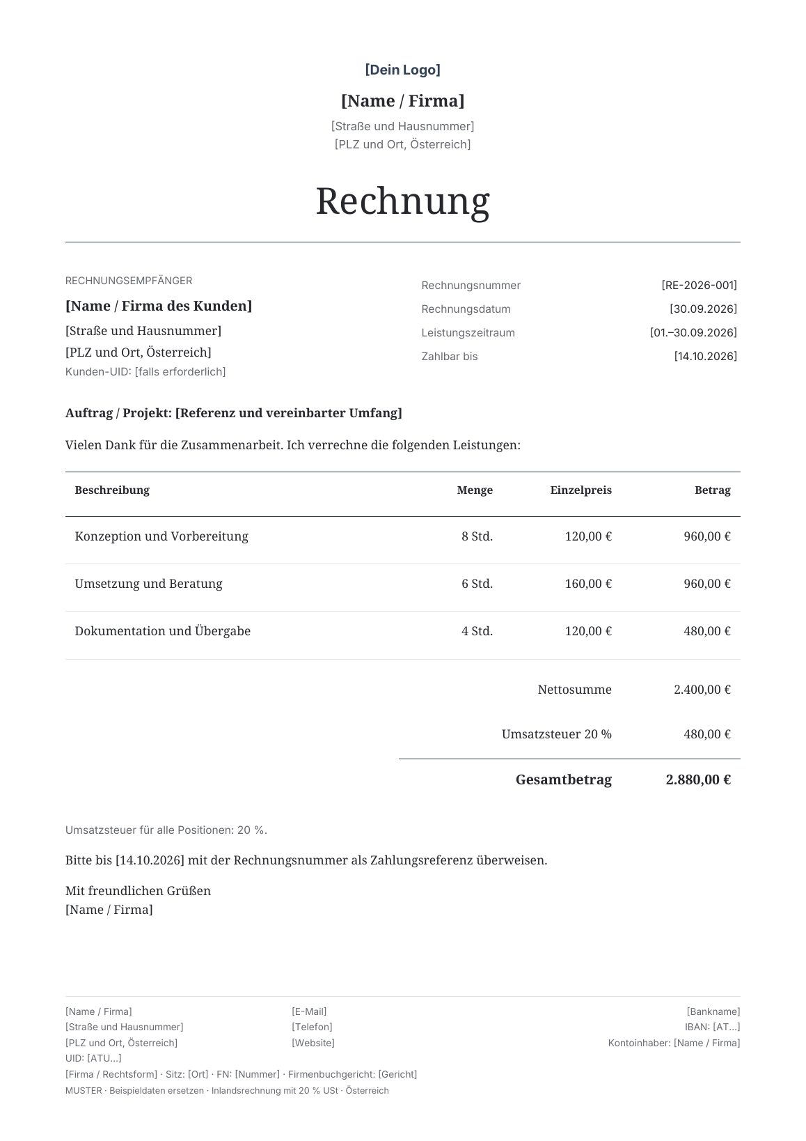 Vorschau der österreichischen Rechnungsvorlage Elegant Serif · Slate