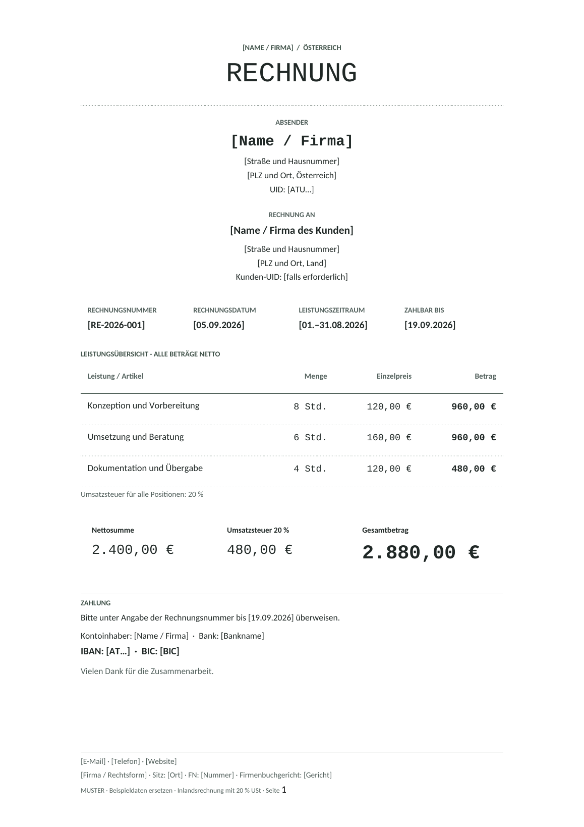 Vorschau der österreichischen Rechnungsvorlage Pure Ledger