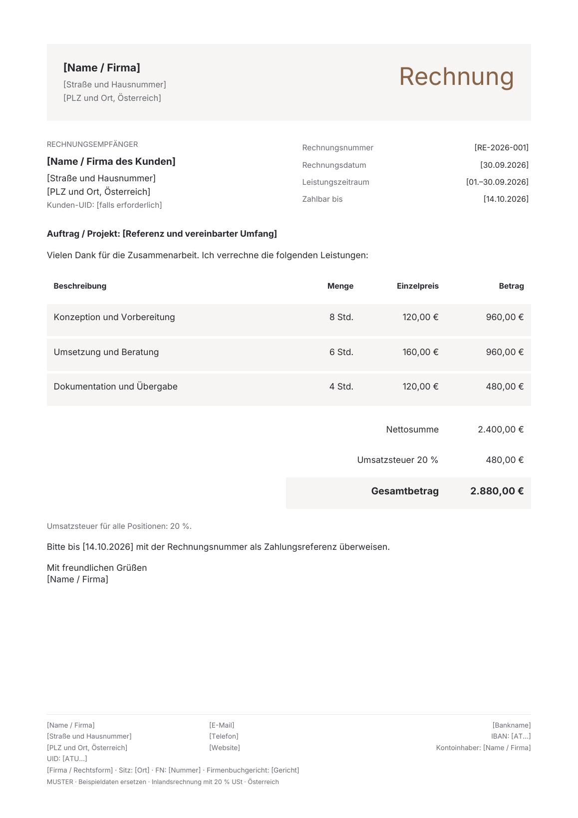 Vorschau der österreichischen Rechnungsvorlage Folio · Original