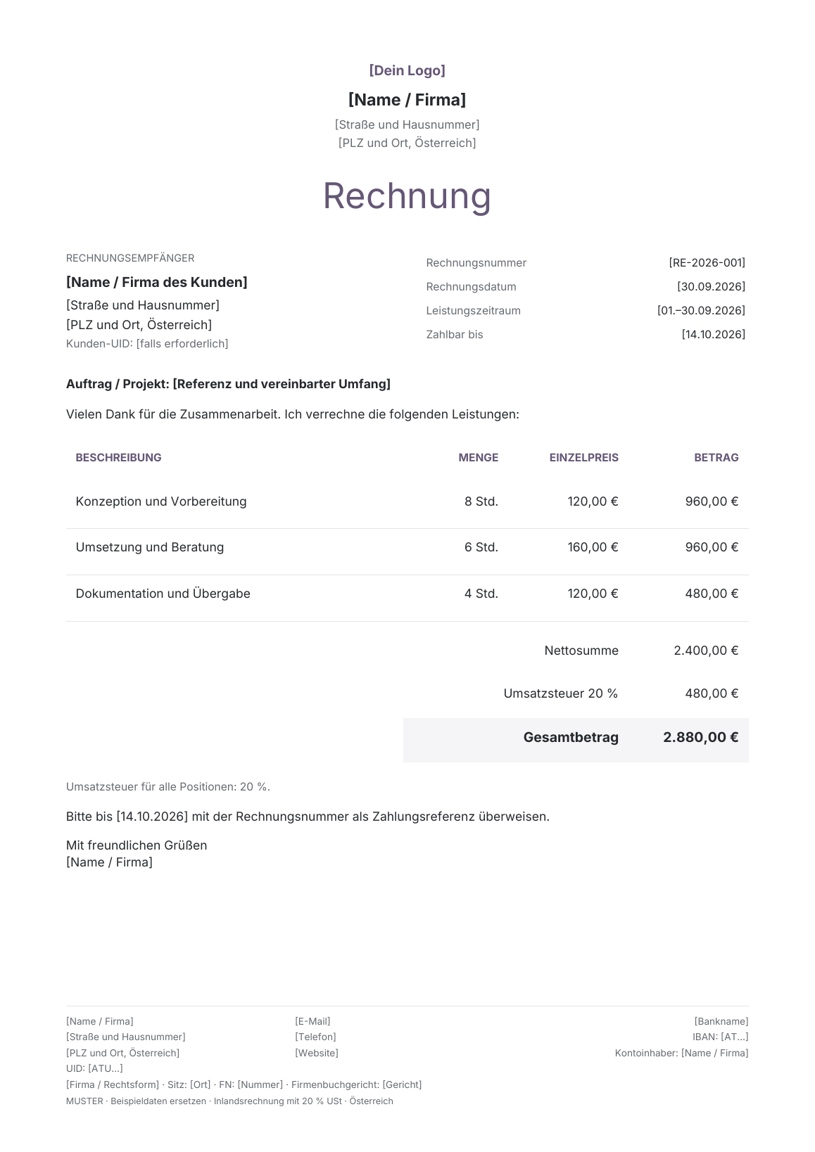 Vorschau der österreichischen Rechnungsvorlage Atelier · Original