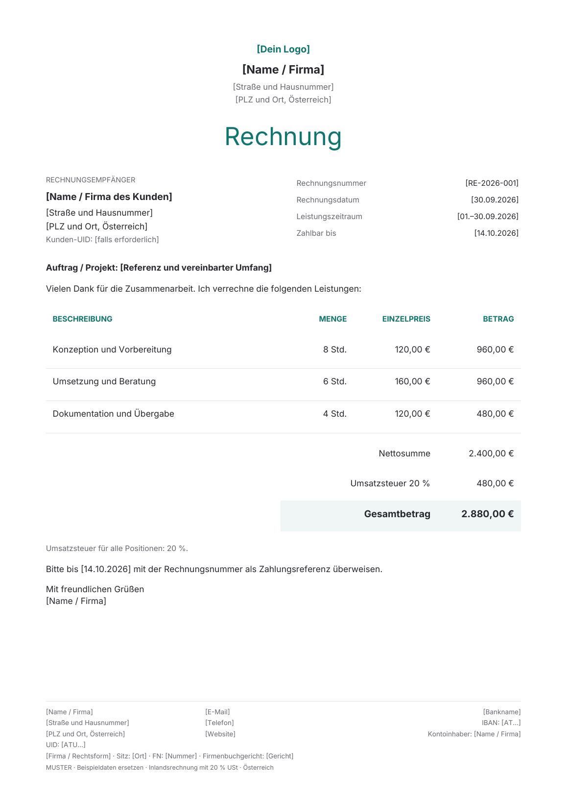 Vorschau der österreichischen Rechnungsvorlage Atelier · Teal