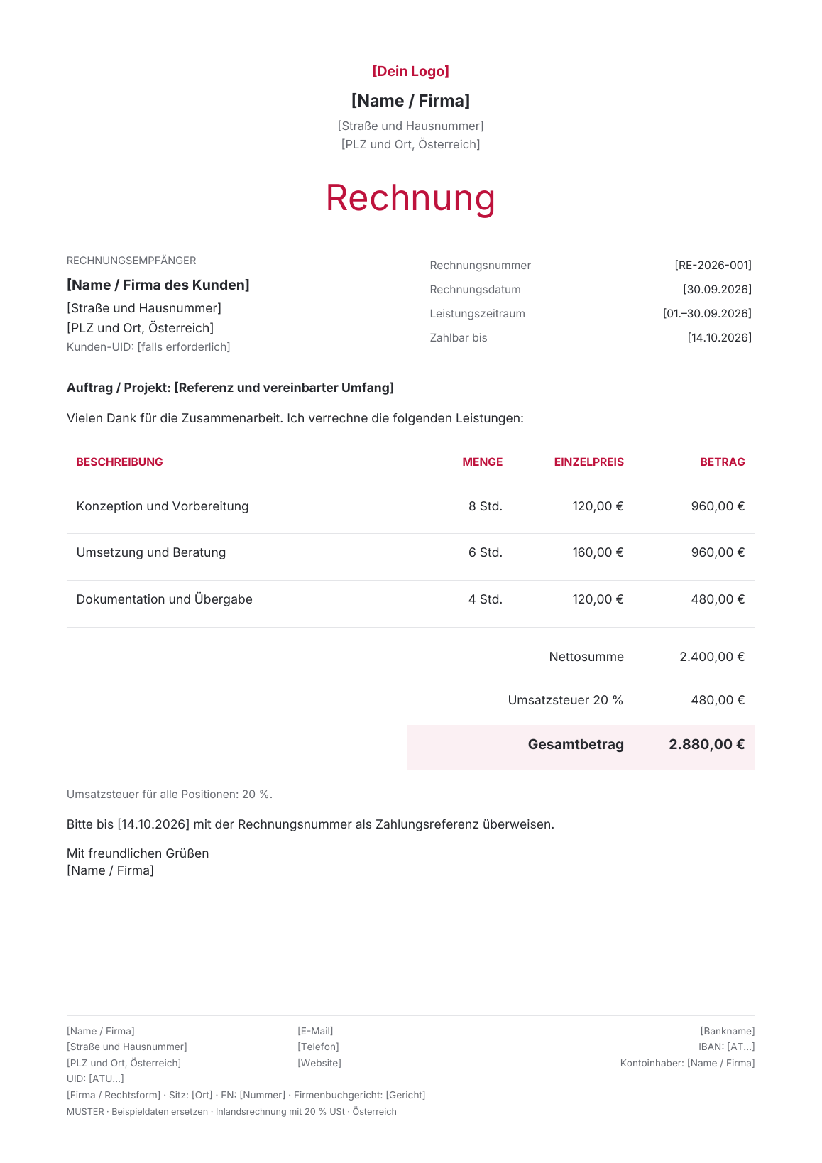 Vorschau der österreichischen Rechnungsvorlage Atelier · Rose