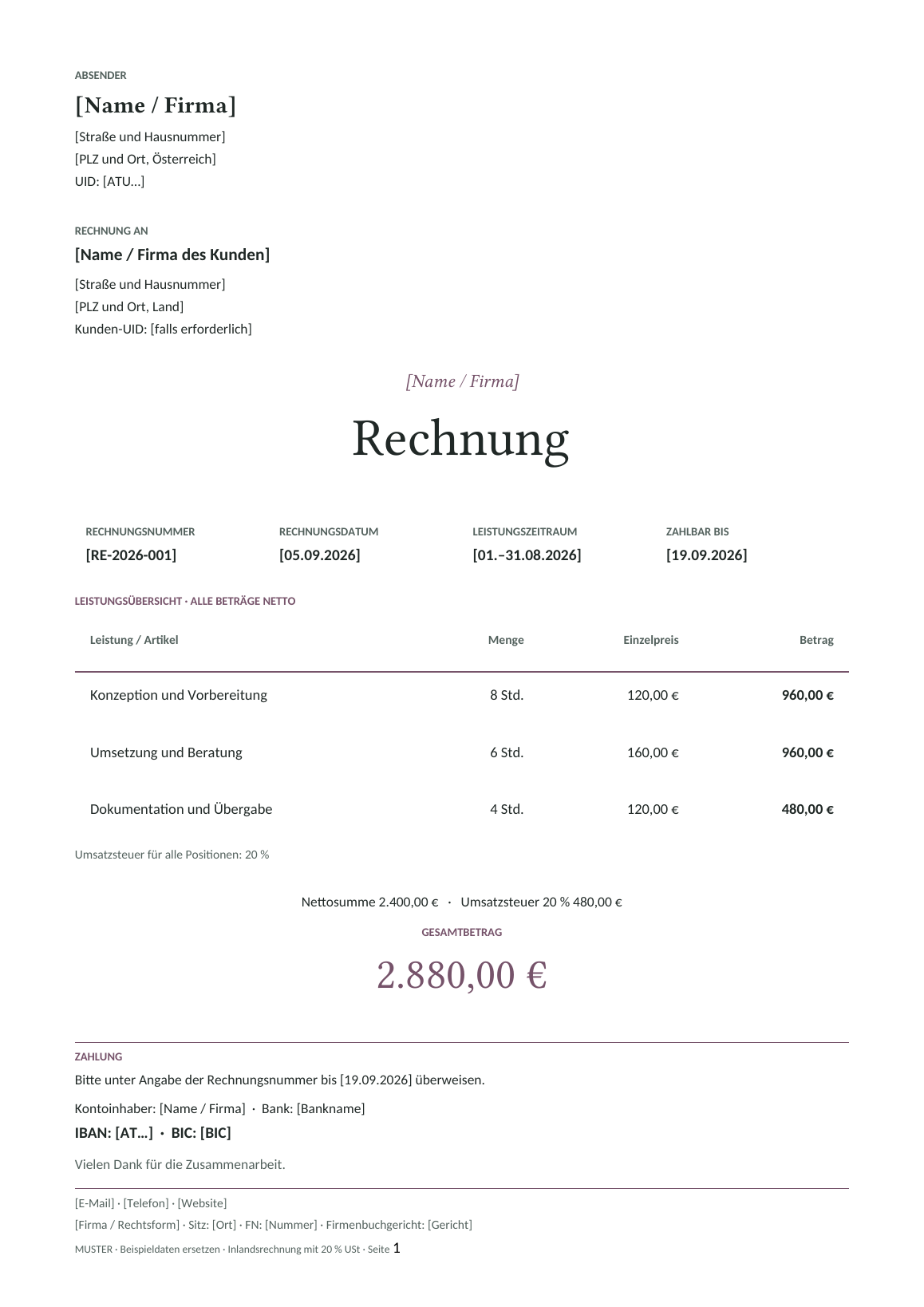 Vorschau der österreichischen Rechnungsvorlage Signature