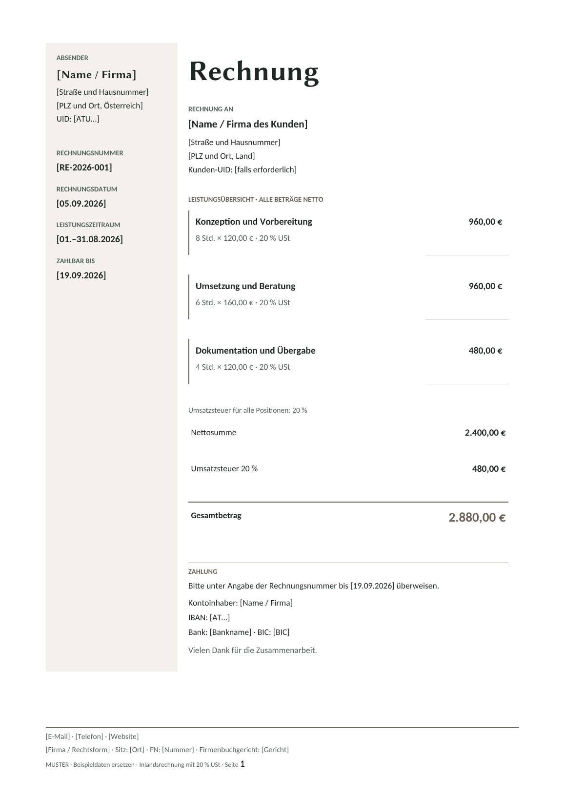 Vorschau der österreichischen Rechnungsvorlage Studio Neutral