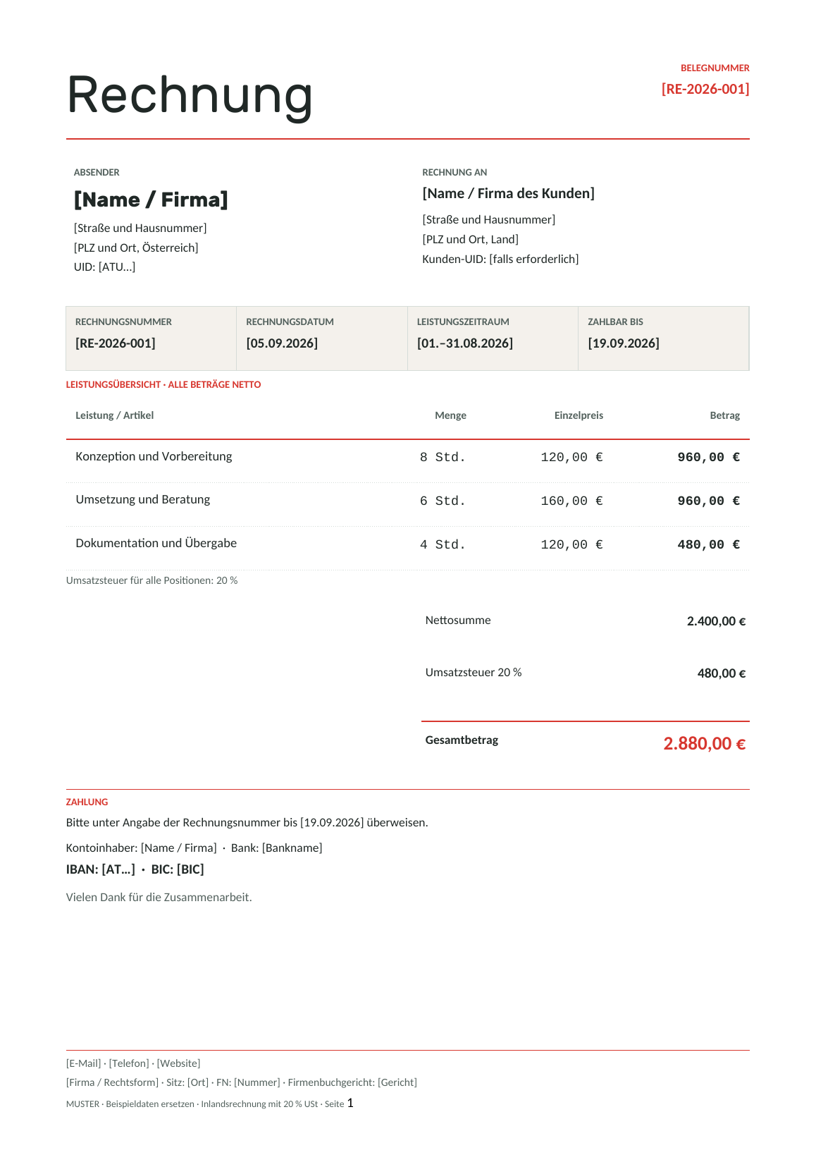 Vorschau der österreichischen Rechnungsvorlage Swiss Ledger