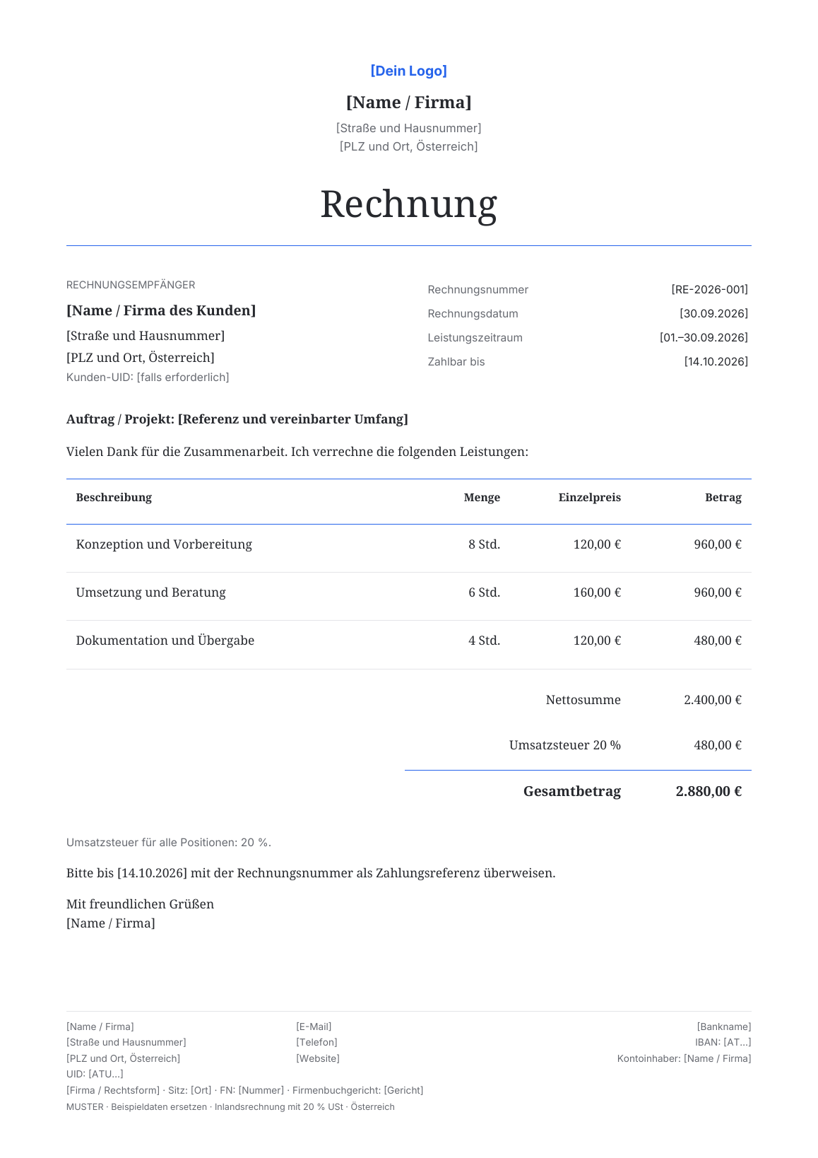 Vorschau der österreichischen Rechnungsvorlage Elegant Serif · Blue