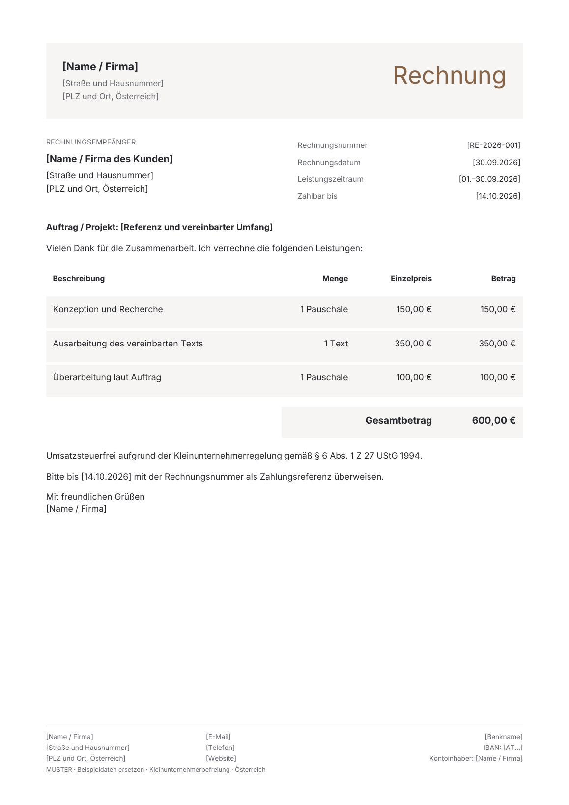 Vorschau der österreichischen Rechnungsvorlage Text & Redaktion