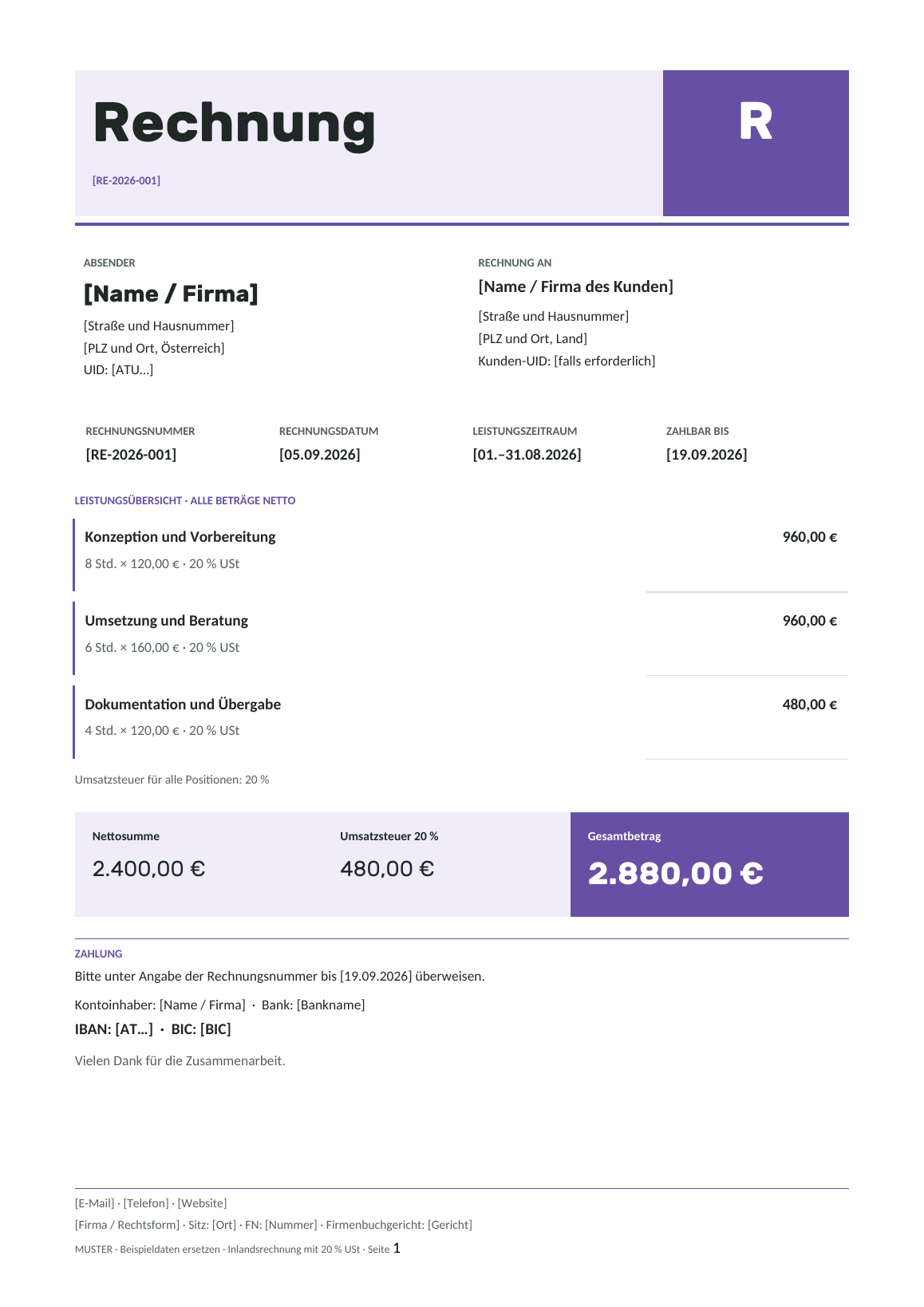 Vorschau der österreichischen Rechnungsvorlage Violet Wave