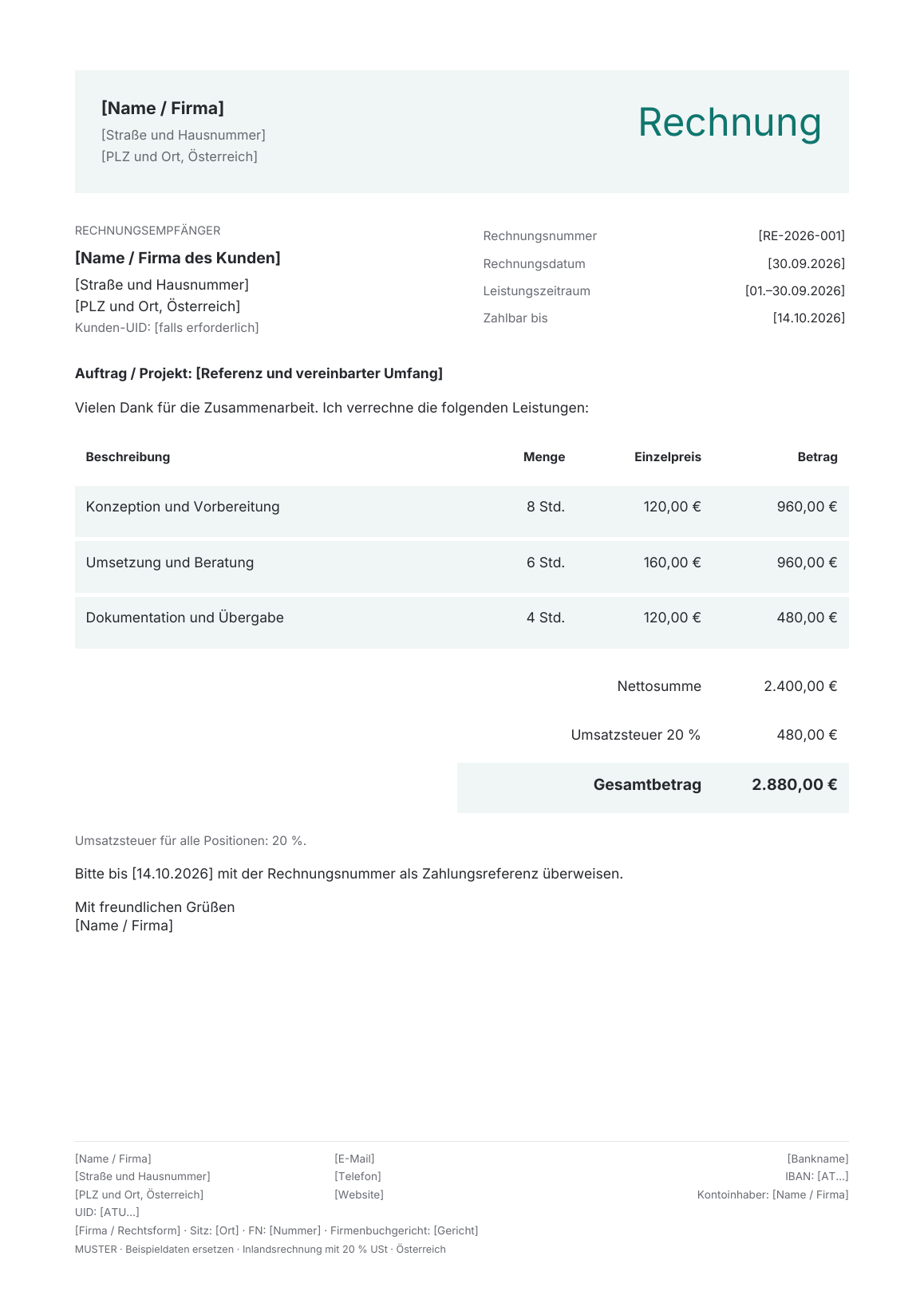 Vorschau der österreichischen Rechnungsvorlage Folio · Teal