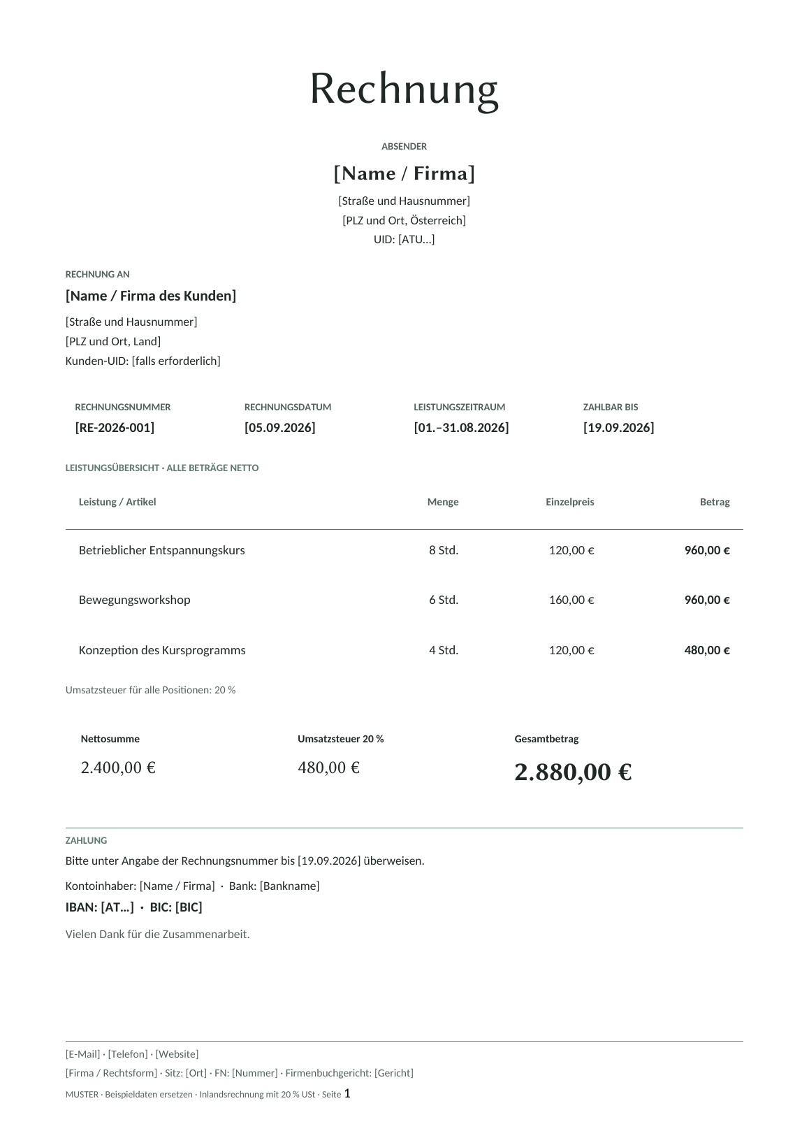 Vorschau der österreichischen Rechnungsvorlage Wellness