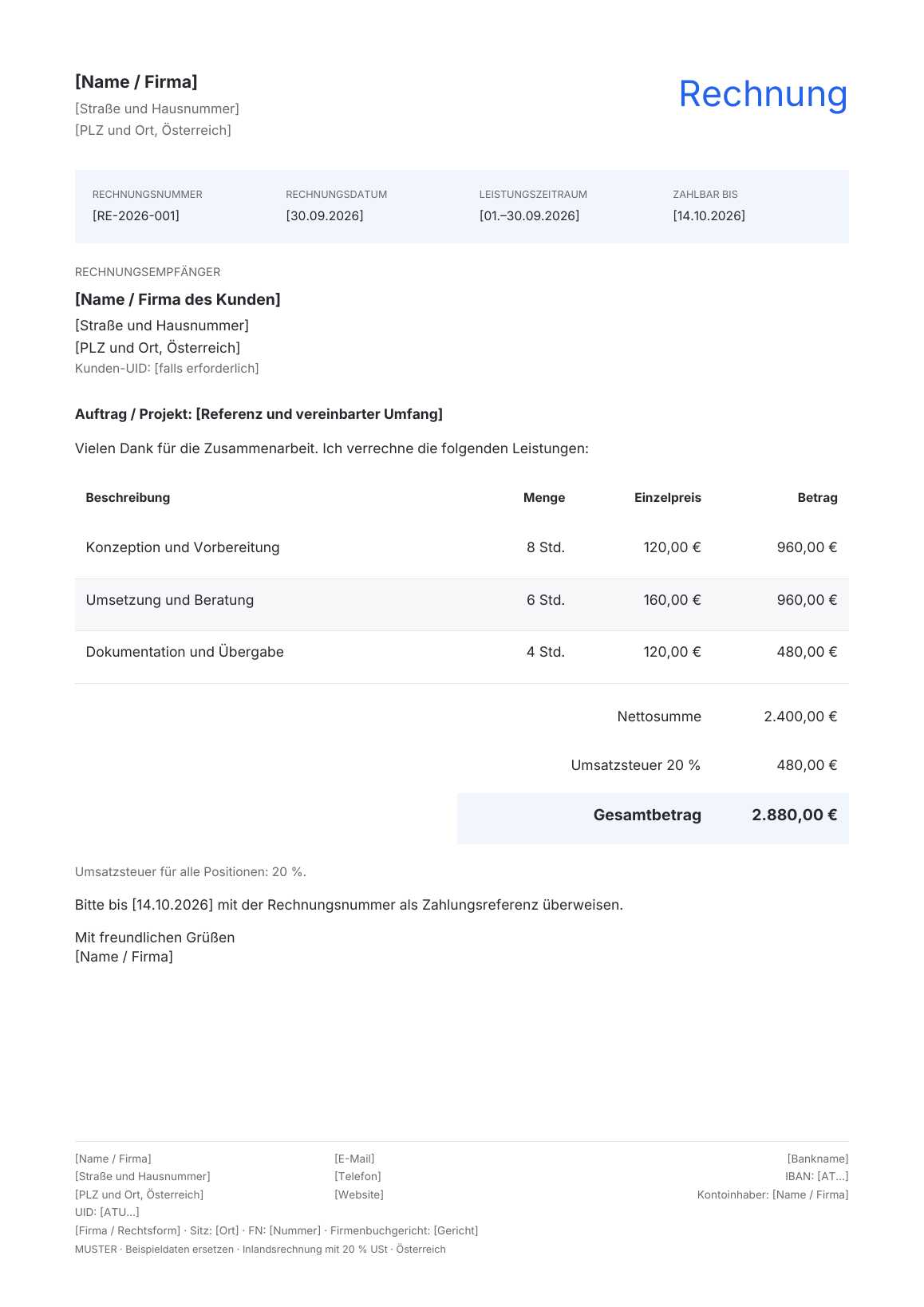 Vorschau der österreichischen Rechnungsvorlage Ledger · Blue